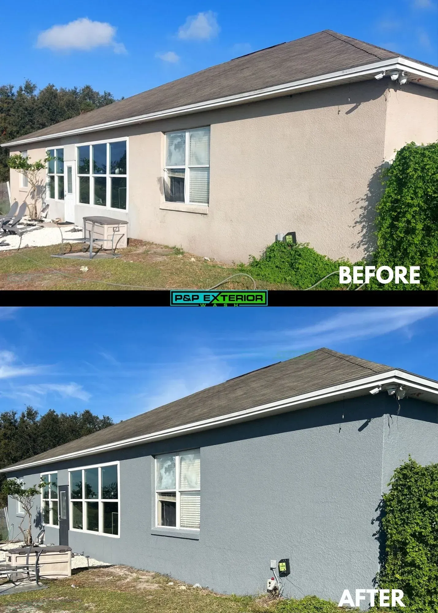 Before-and-after of a house exterior painted from beige to blue-gray
