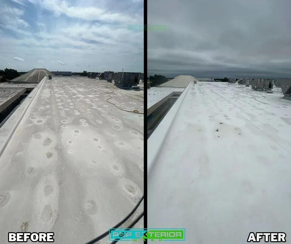 Roof before-and-after: gray roof cleaned to bright white under cloudy sky, split-screen comparison.