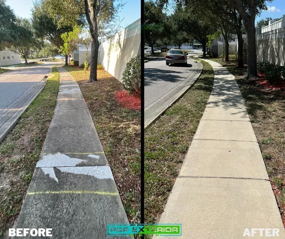 Before-and-after sidewalk repair beside a fence and street with trees and a parked car.