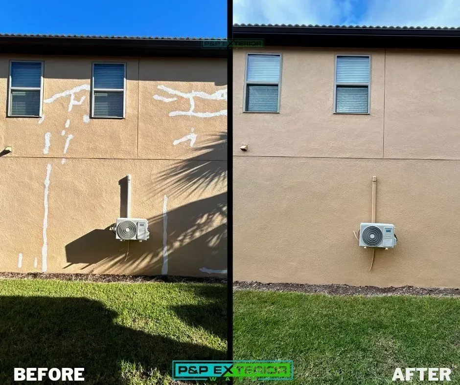 Before-and-after of an exterior wall repaint, showing a faded tan wall vs a fresh smooth tan finish with an AC unit.