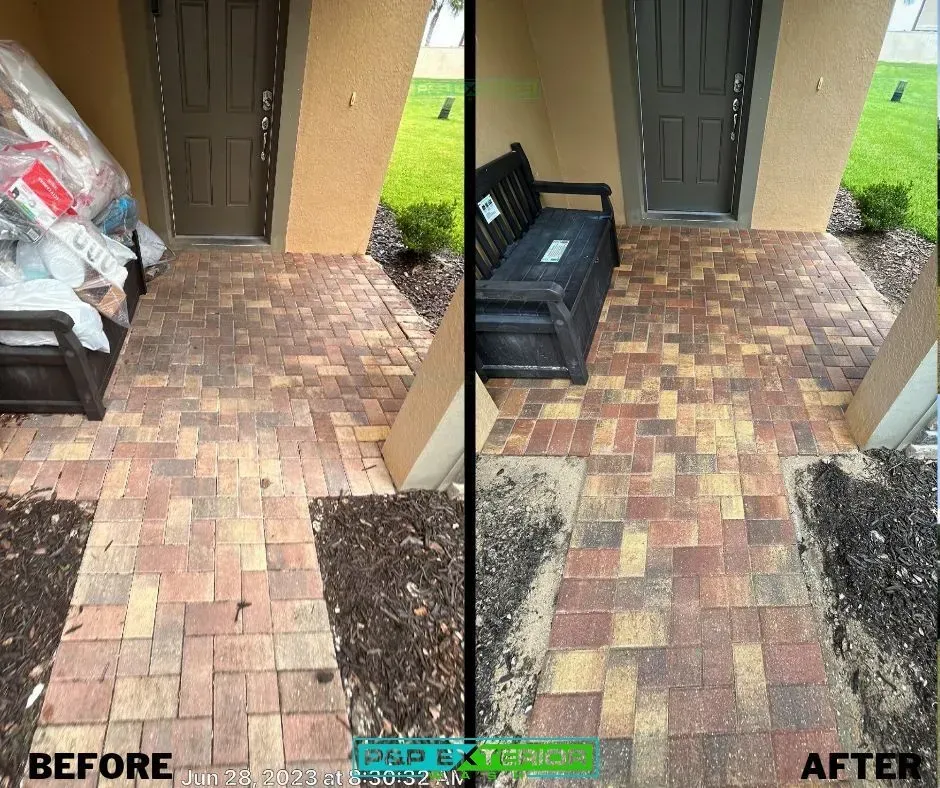 Front porch brick paver walkway before-and-after, with cleaner, brighter pattern in the after view.