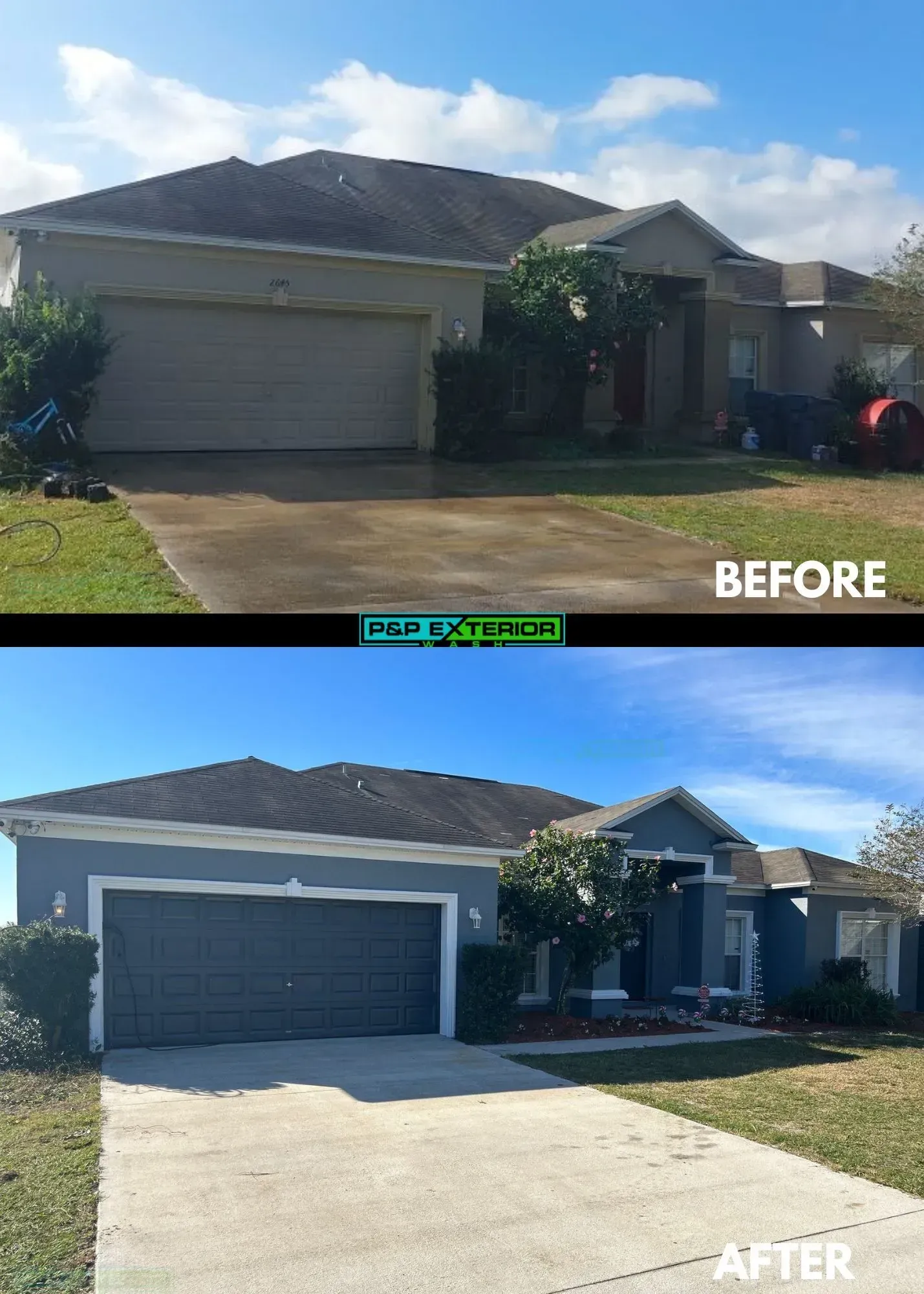 Before-and-after view of a house exterior with a newly painted blue garage and porch.