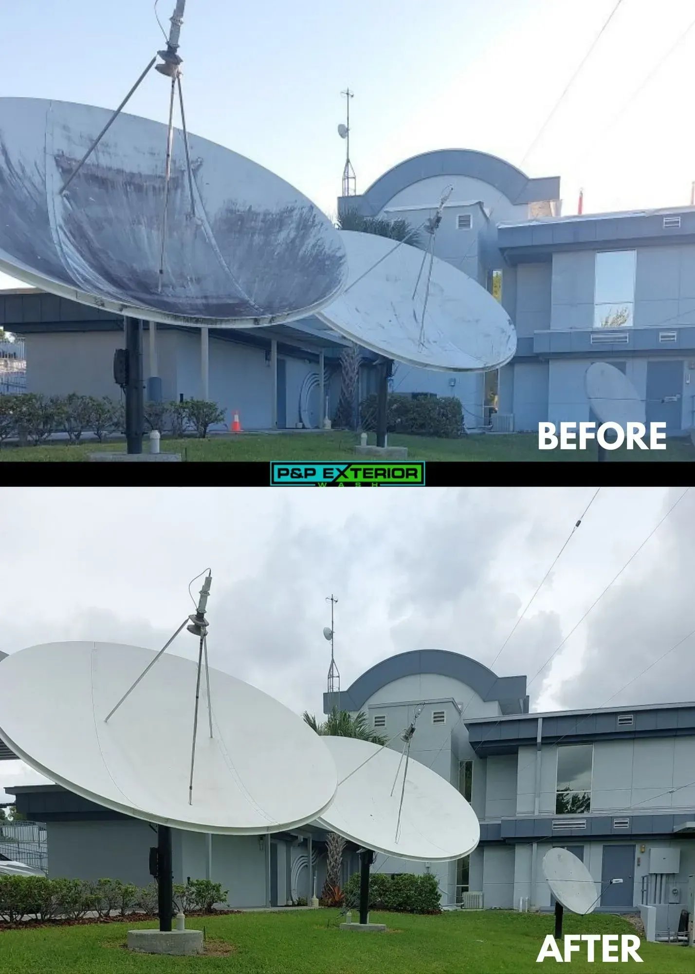 Before-and-after view of a large white satellite dish outside a building, repaired and painted white.