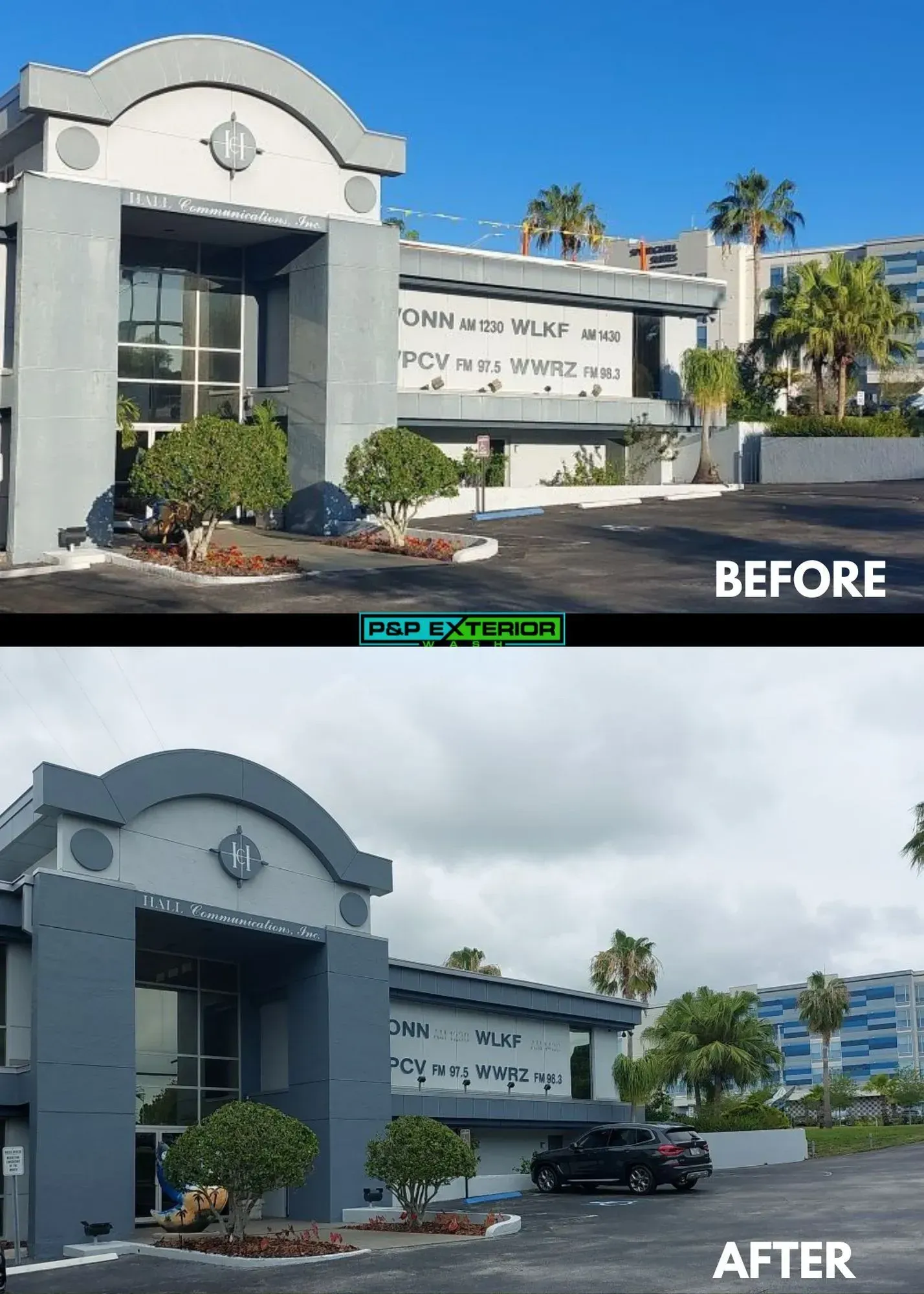 Before-and-after view of a building exterior and parking lot, changing from bright daylight to overcast.