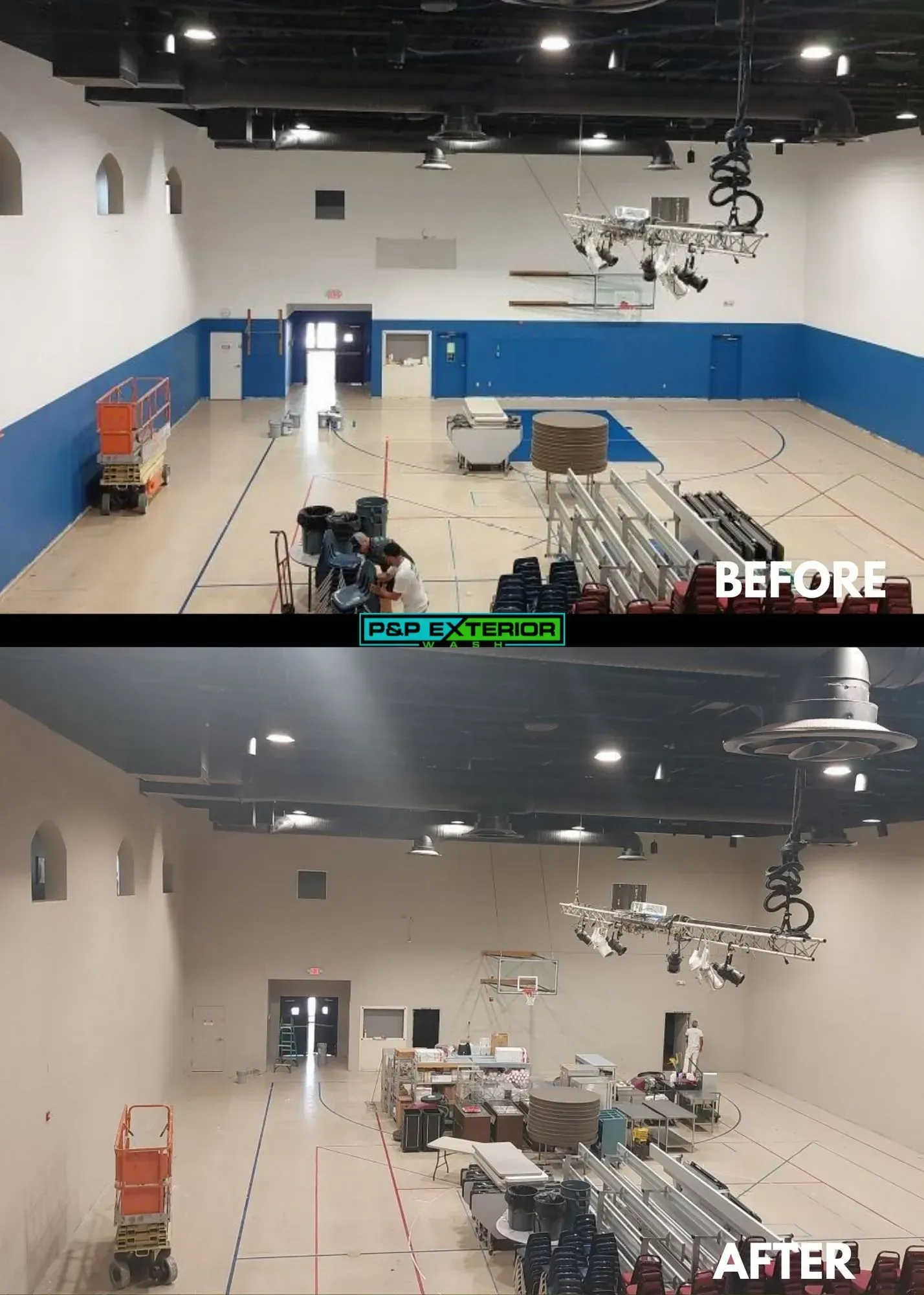 Gym before-and-after renovation: blue wall padding, lifted ceiling fixtures, and new floor setup.