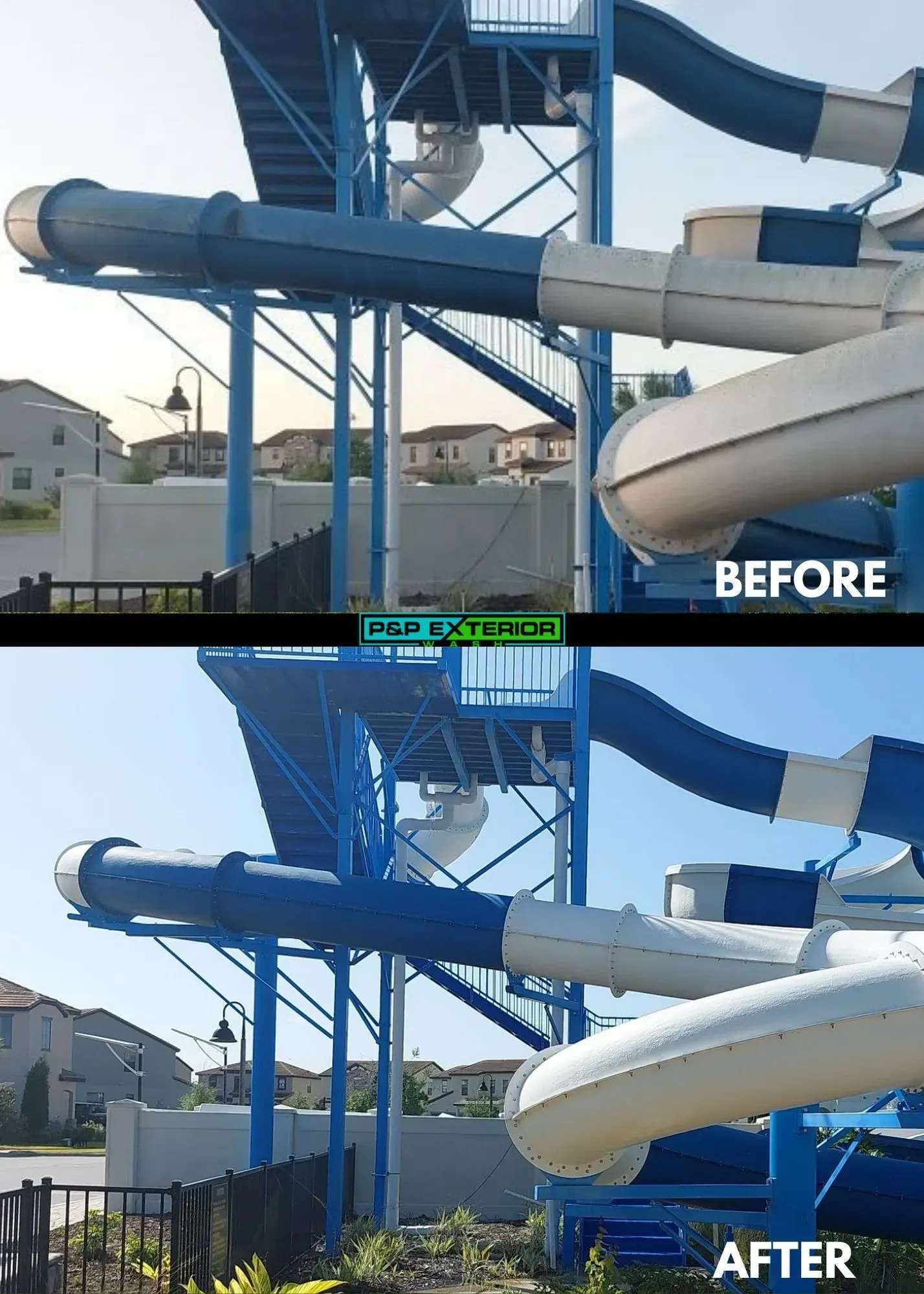 Before-and-after view of a blue water slide structure beside a white slide, with clearer sky in the after image