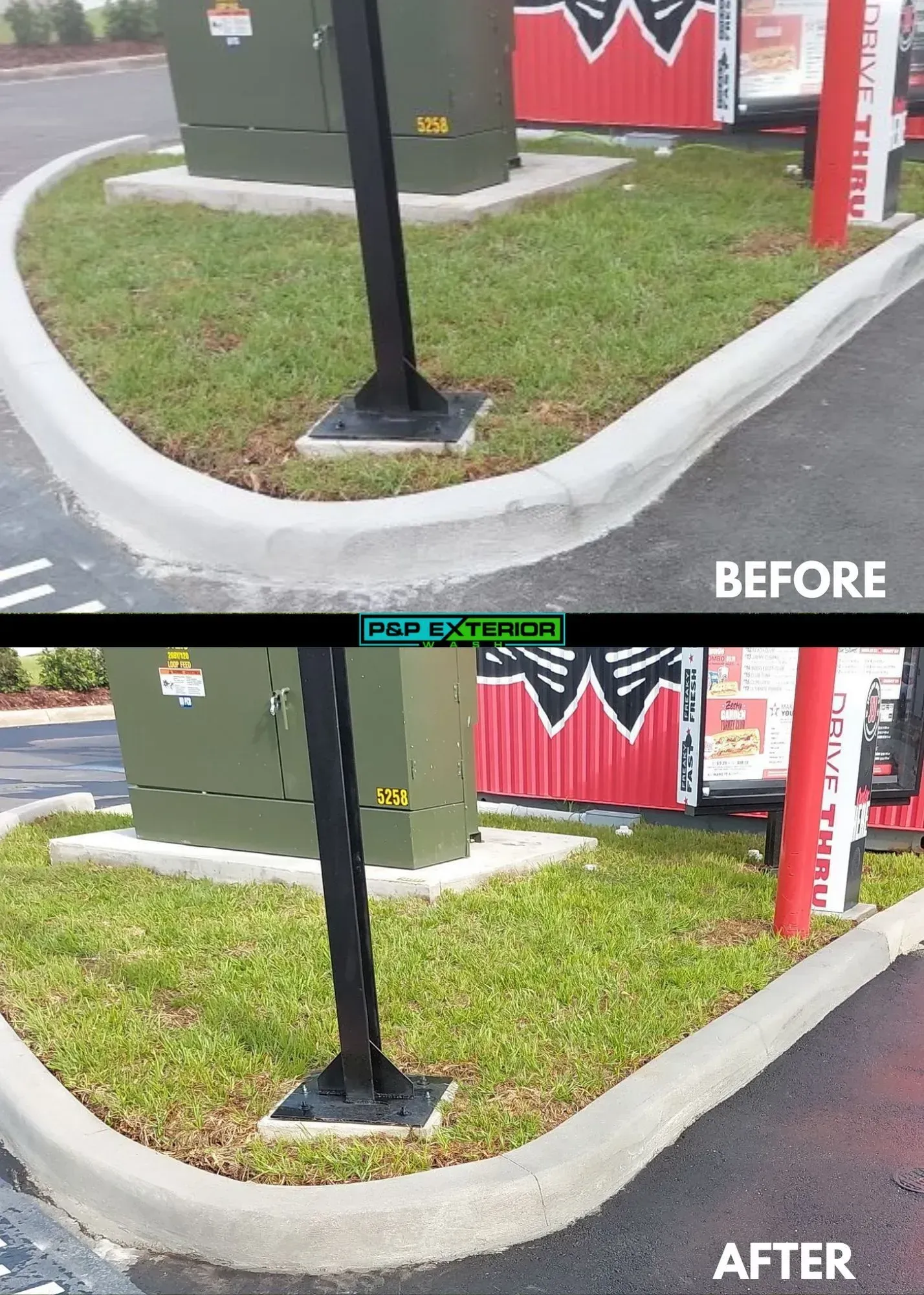 Before-and-after view of a curb ramp with a black pole and sign at a grassy sidewalk corner.