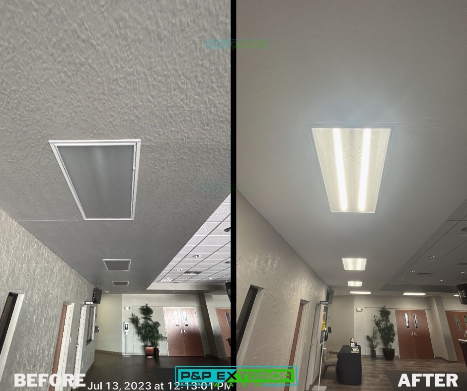 Before-and-after hallway ceiling light replacement; old fixture on left, bright fluorescent panel on right.