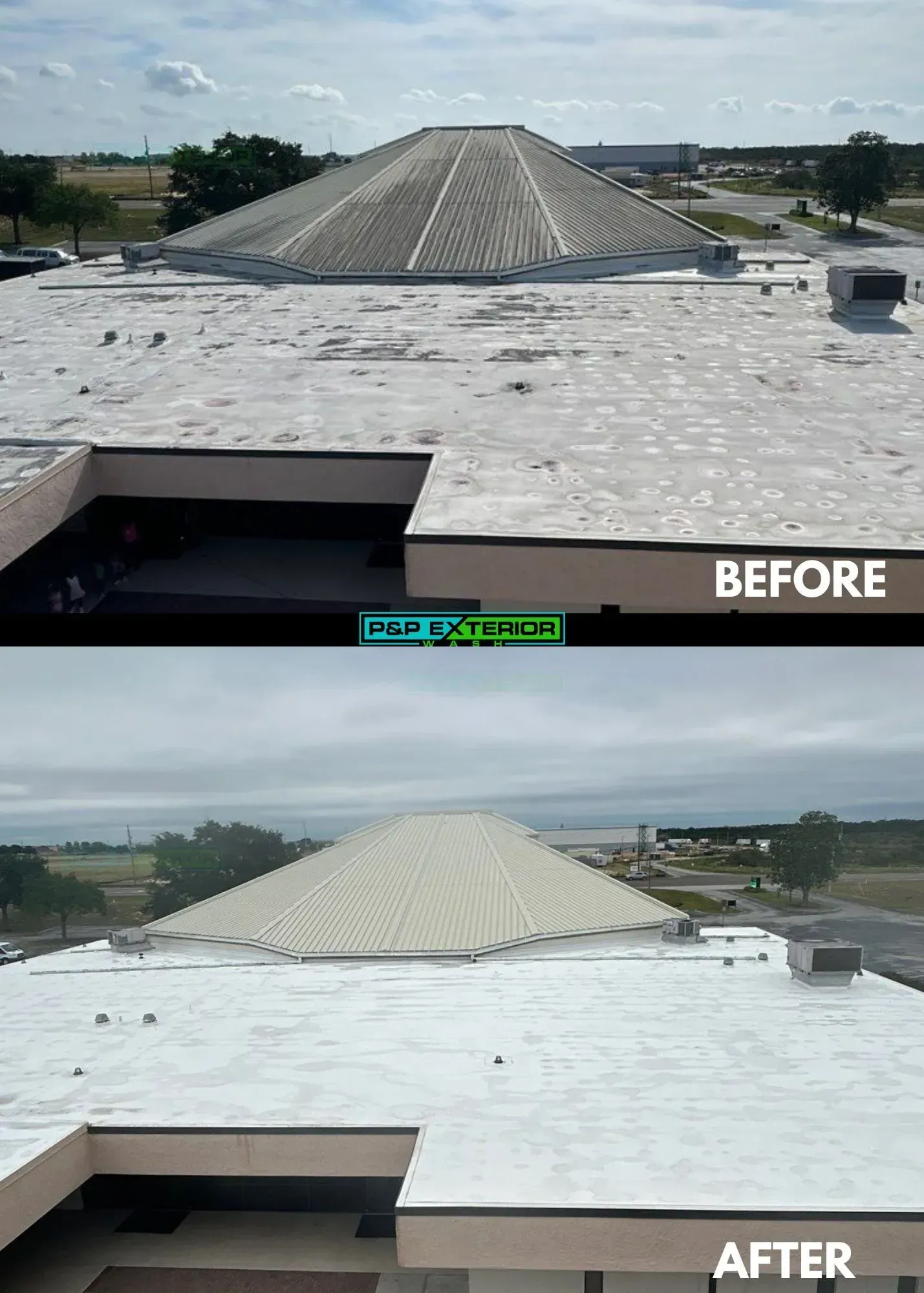 Before-and-after roof coating on a flat roof, showing a gray roof becoming white.