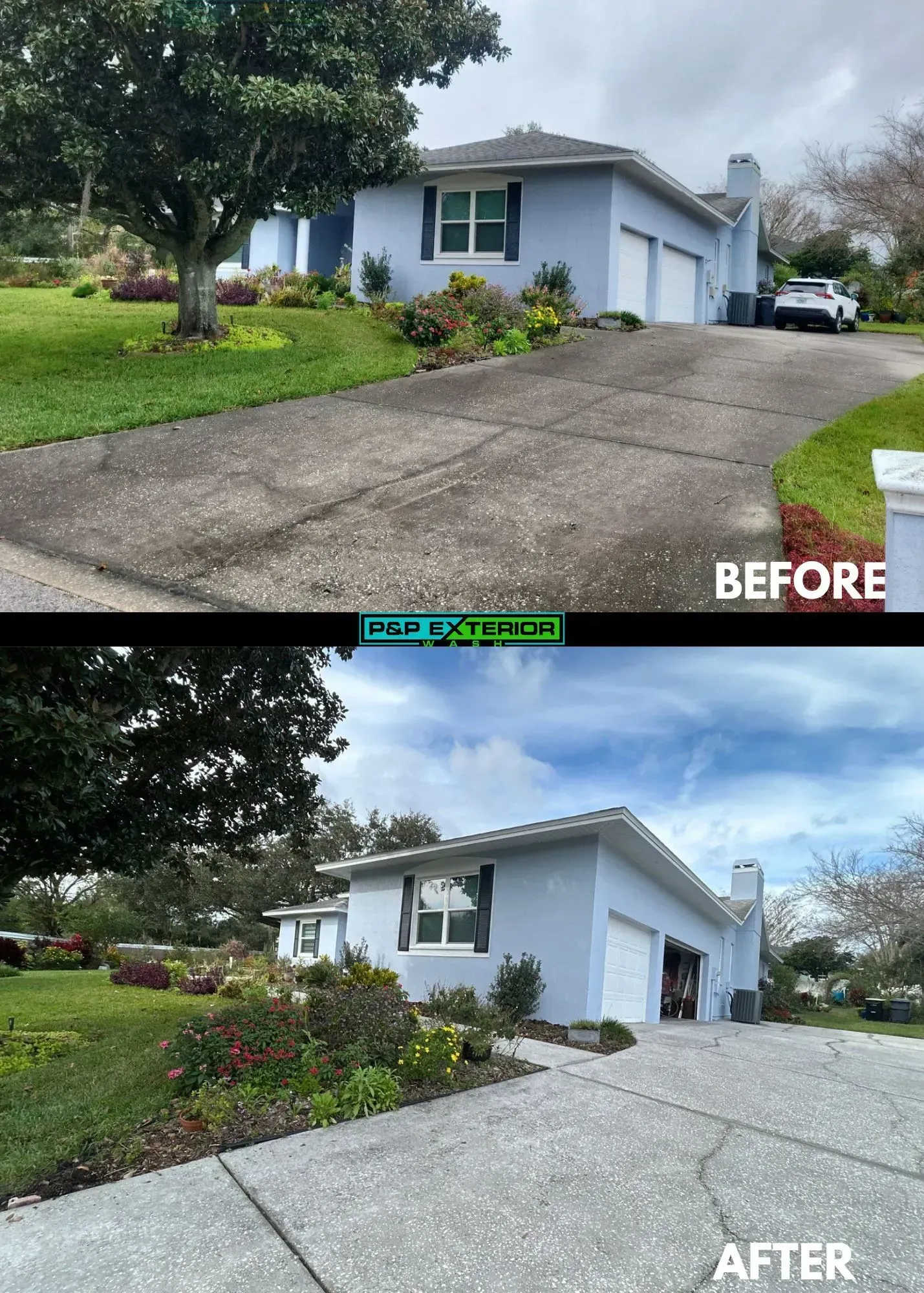 Before-and-after view of a house driveway and front yard, with landscaping and a brighter cleaned driveway after.