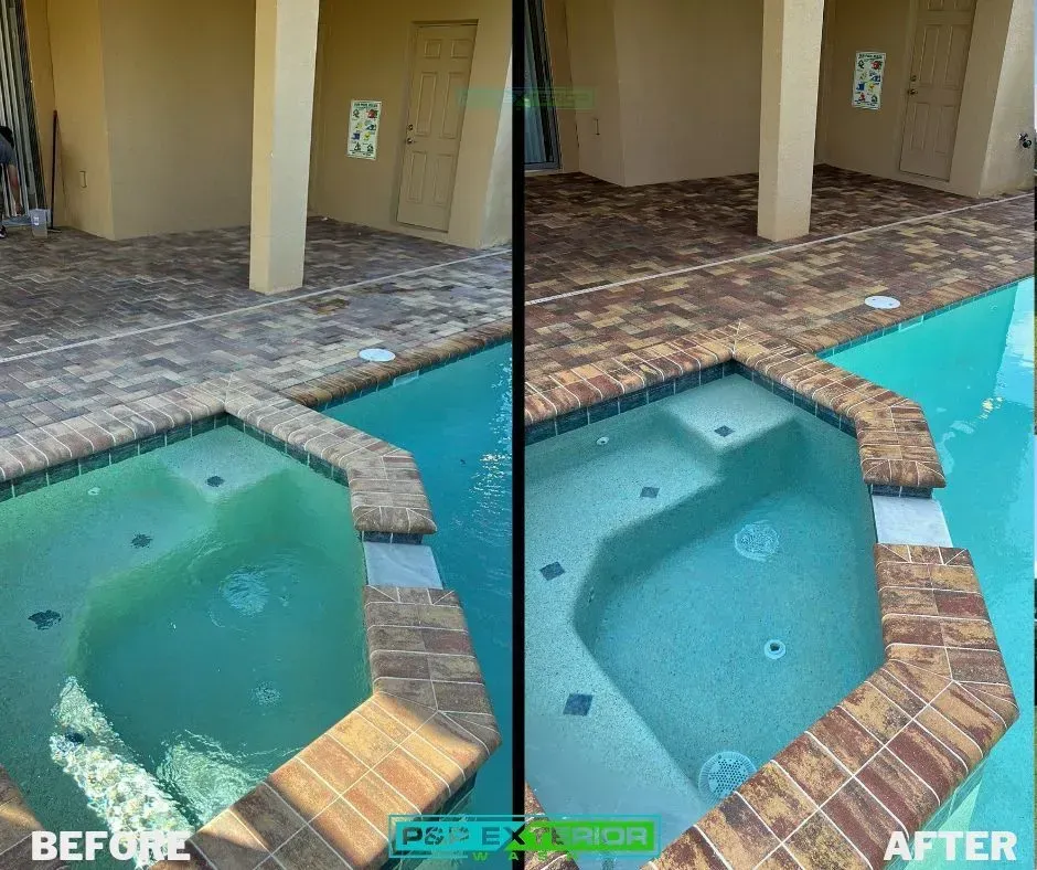Before-and-after view of a renovated pool and stone deck in a covered patio area.