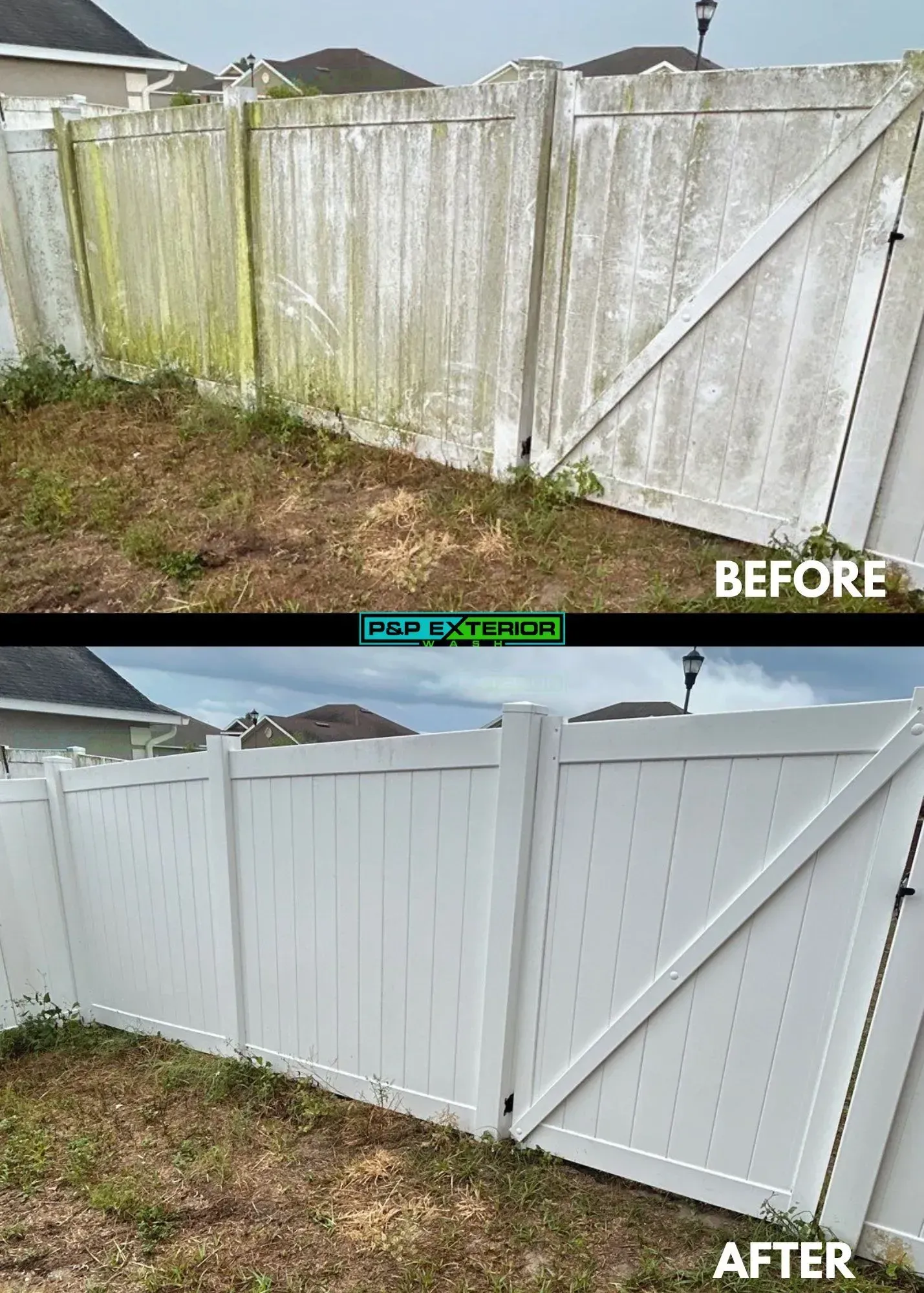 Fence before-and-after: weathered wood cleaned and painted white in a backyard.