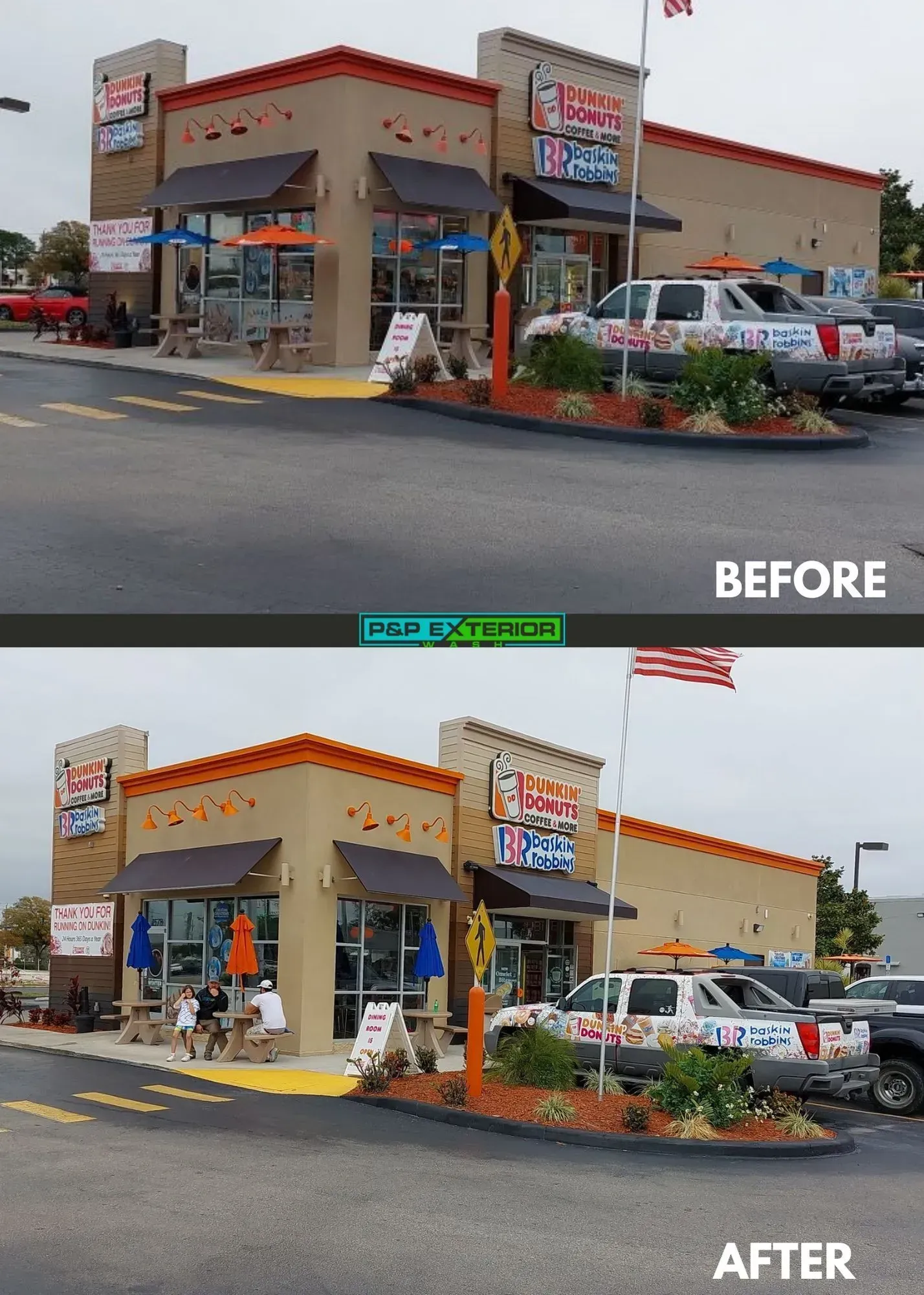 Before-and-after view of a storefront parking lot with a tan building, red trim, and parked cars.