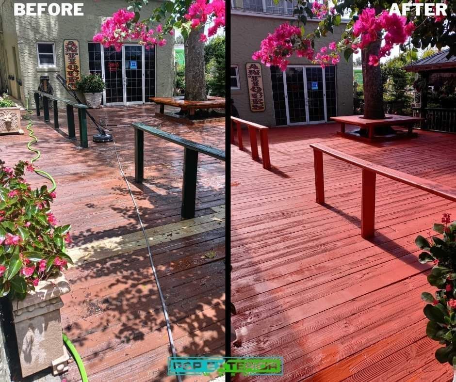 Before-and-after view of a backyard deck stained red with black rails and pink flowers overhead