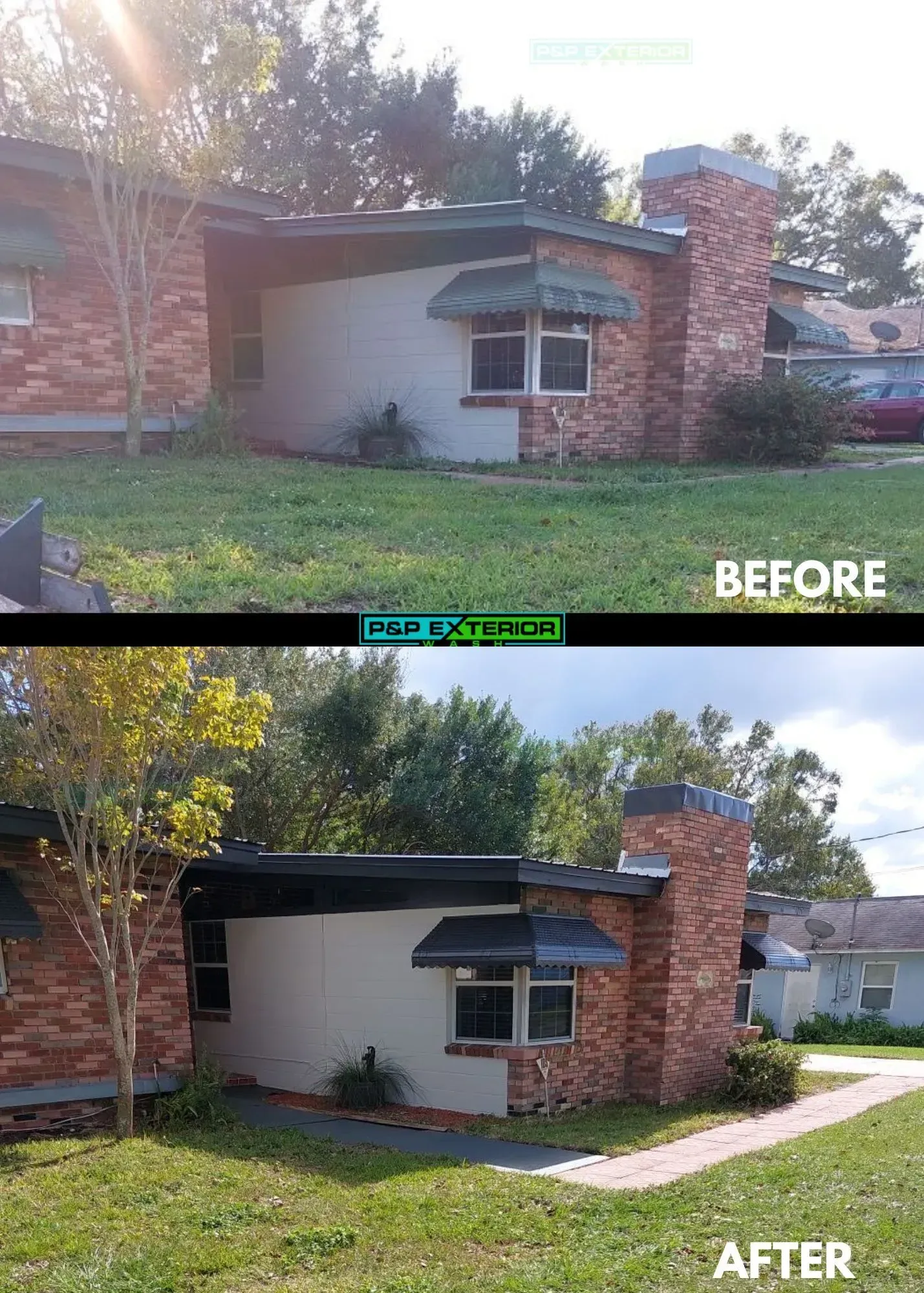 Before-and-after view of a small brick house exterior renovation with new dark awning and trimmed landscaping
