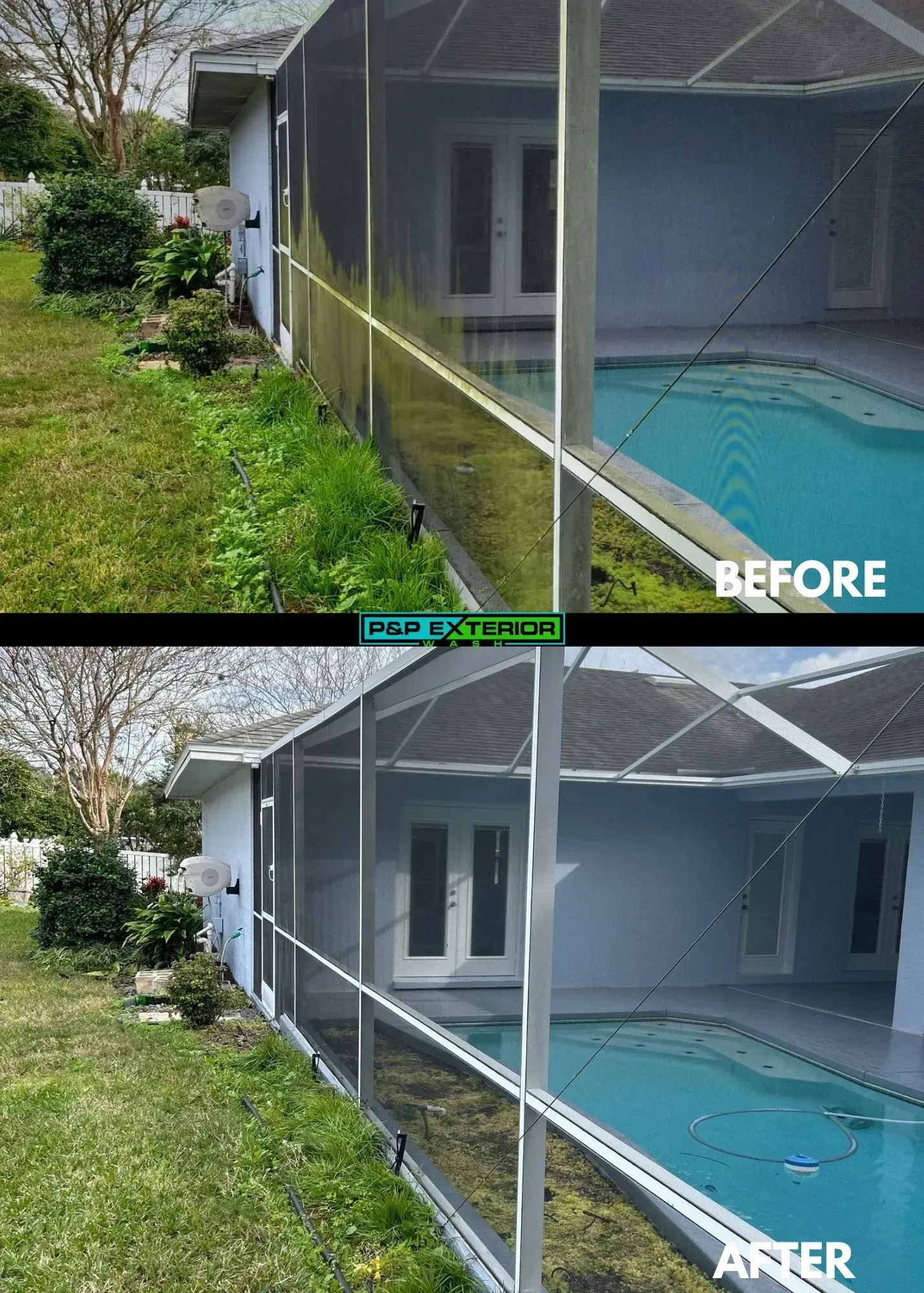 Screened patio beside a pool, shown before and after with clearer view and more sunlight.