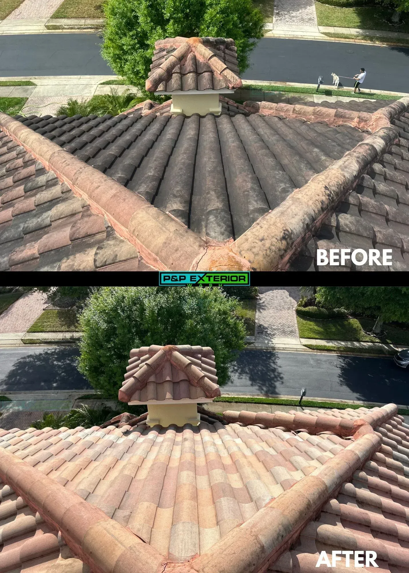 Roof tiles before and after cleaning, with dark grime removed from terracotta tiles.