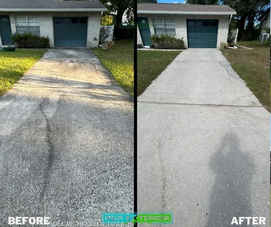 Before-and-after of a driveway resurfacing, showing cracked asphalt replaced with smooth concrete.