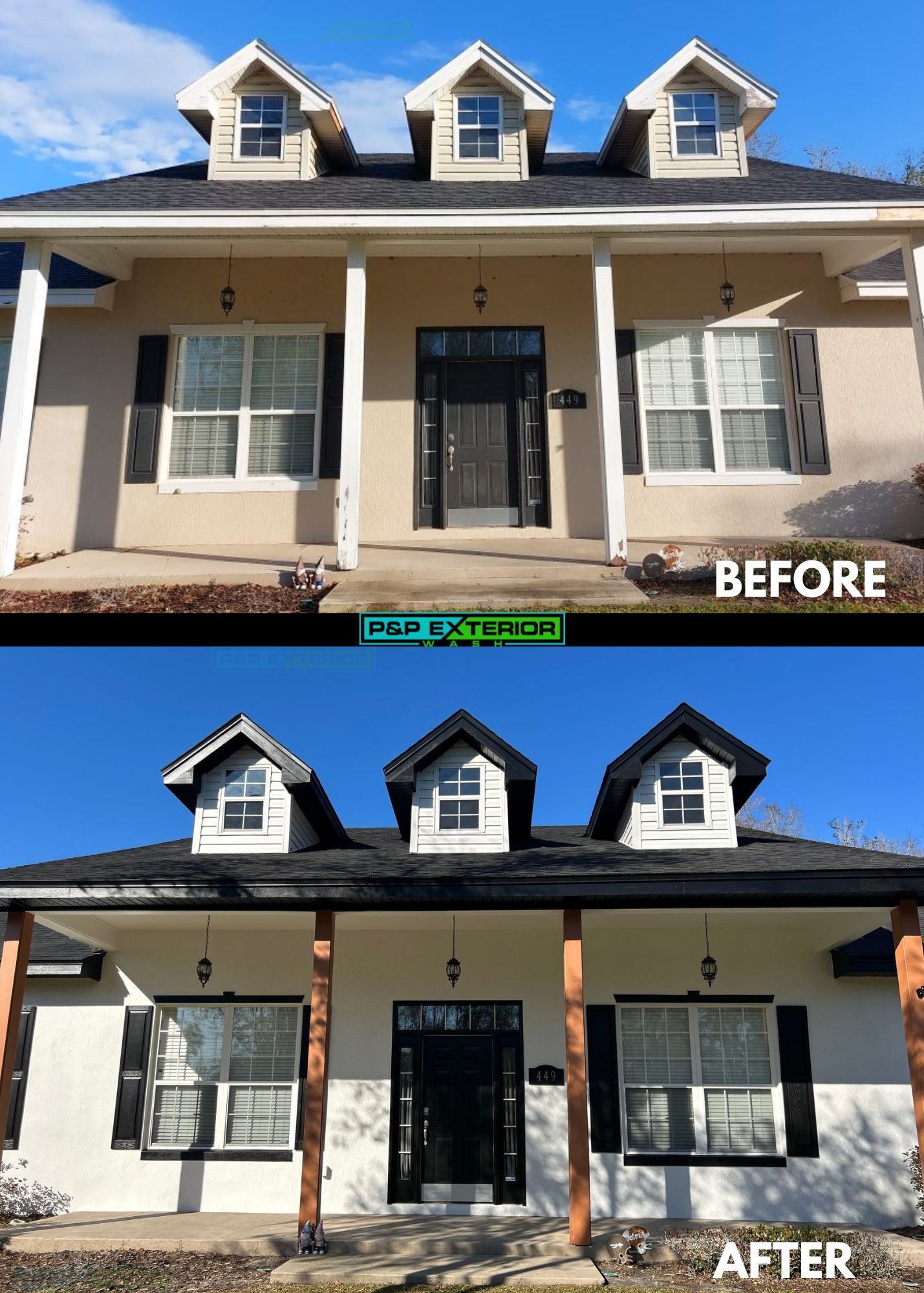 Before-and-after of a house exterior repaint: beige to darker gray with black trim and shutters.