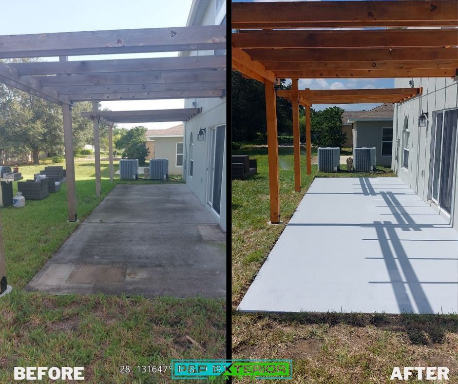 Split view of a concrete patio before and after resurfacing, with new clean light-gray coating and orange posts
