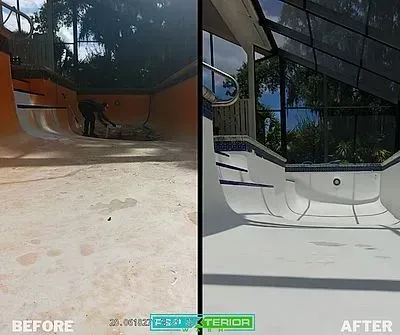 Before-and-after of a white pool resurfacing, showing a dirty empty pool transformed into a clean, finished pool.