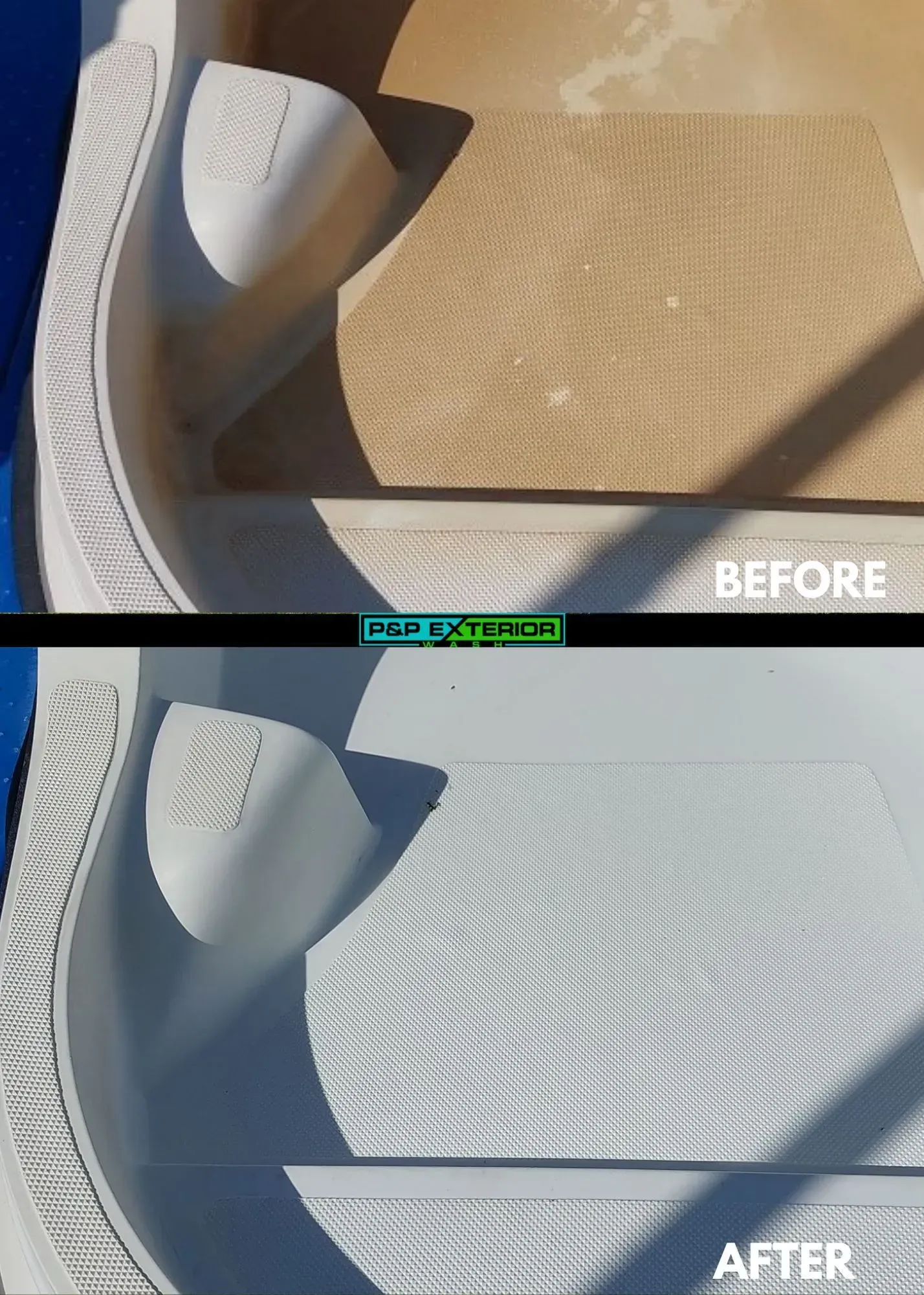 Before-and-after comparison of a white chair’s shadow texture on a beige surface.