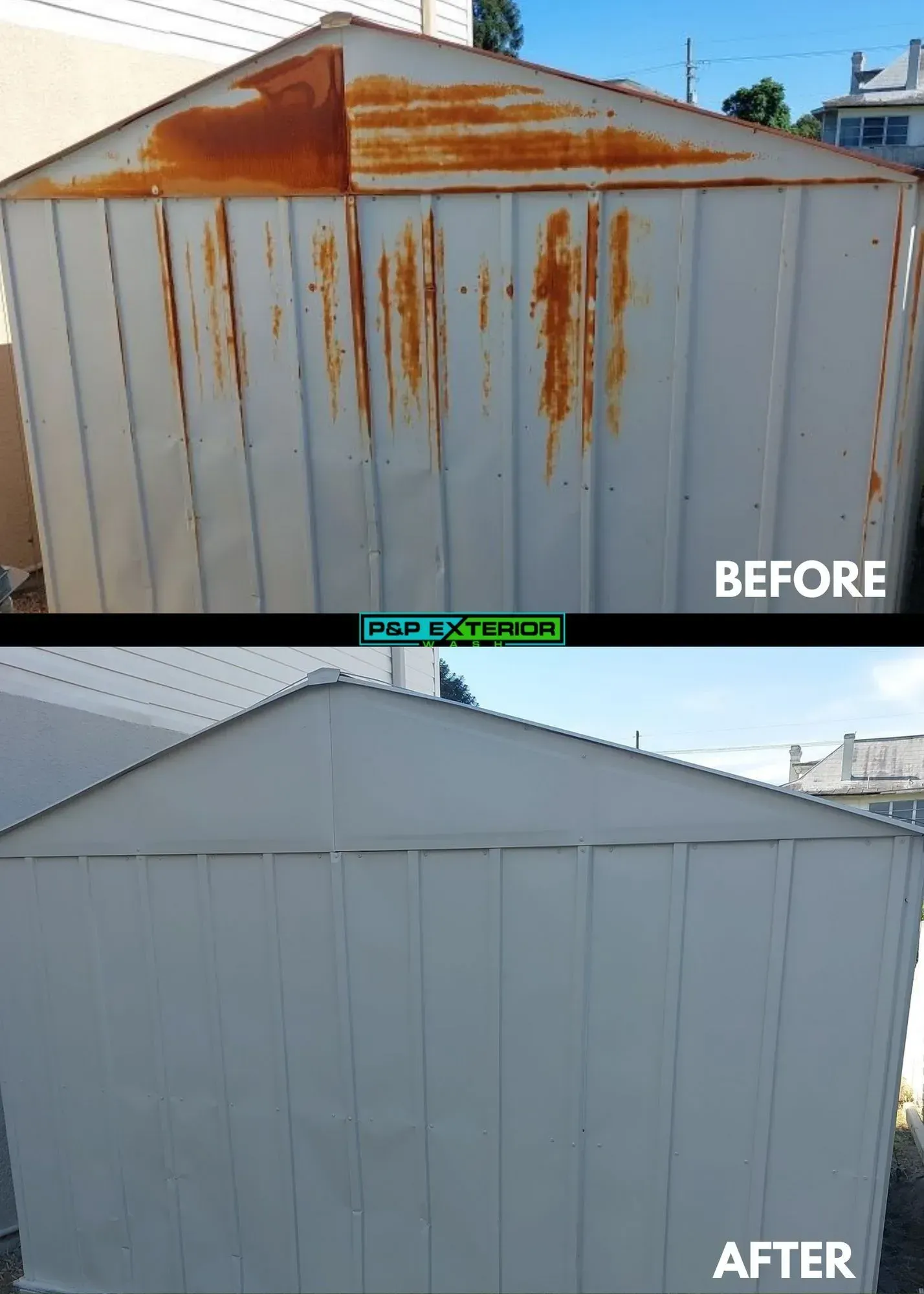 Before-and-after of a rust-stained shed roof and front panel repainted gray and white
