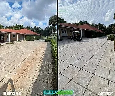Before-and-after view of a house driveway resurfacing, from worn pavers to clean gray tiles.