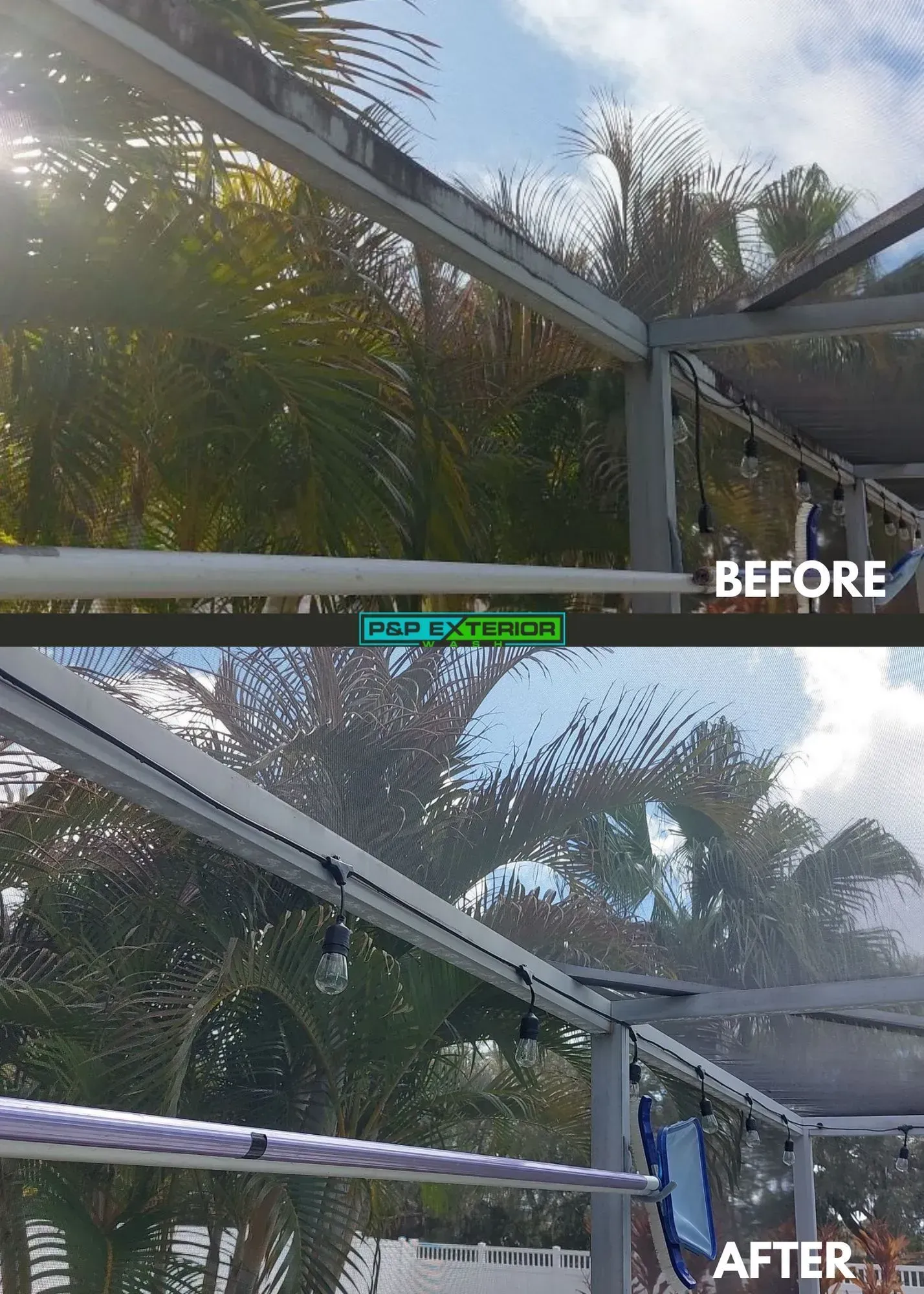 Before-and-after view of a screened patio roof with palm trees and bright sky.