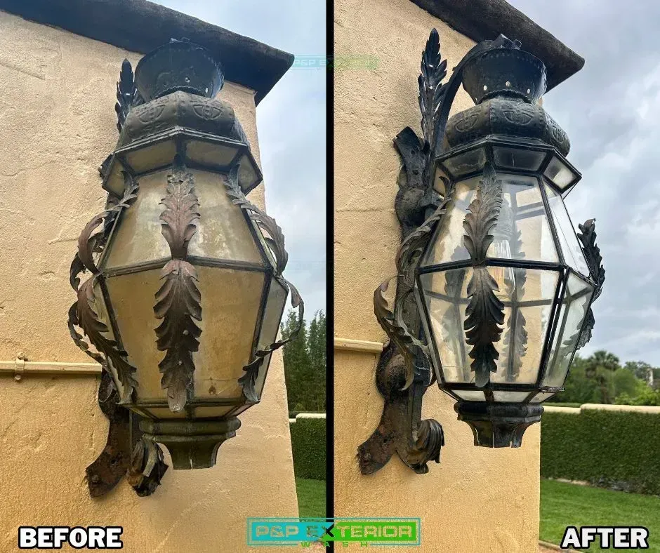 Before-and-after of an outdoor lantern fixture, showing a cleaned, darker metal finish on a beige wall.