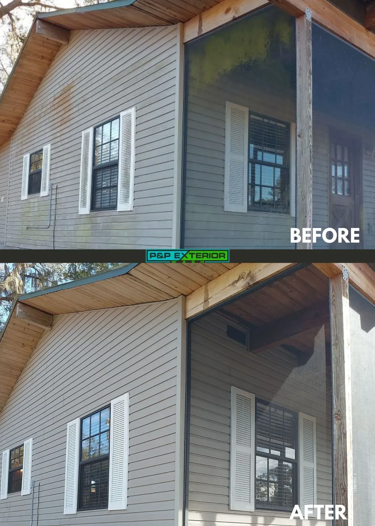 Before-and-after exterior view of a house corner with new siding and porch columns.