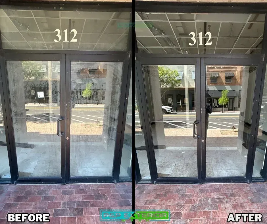 Storefront entrance labeled 312 shown before and after a door/entryway cleaning or repair.
