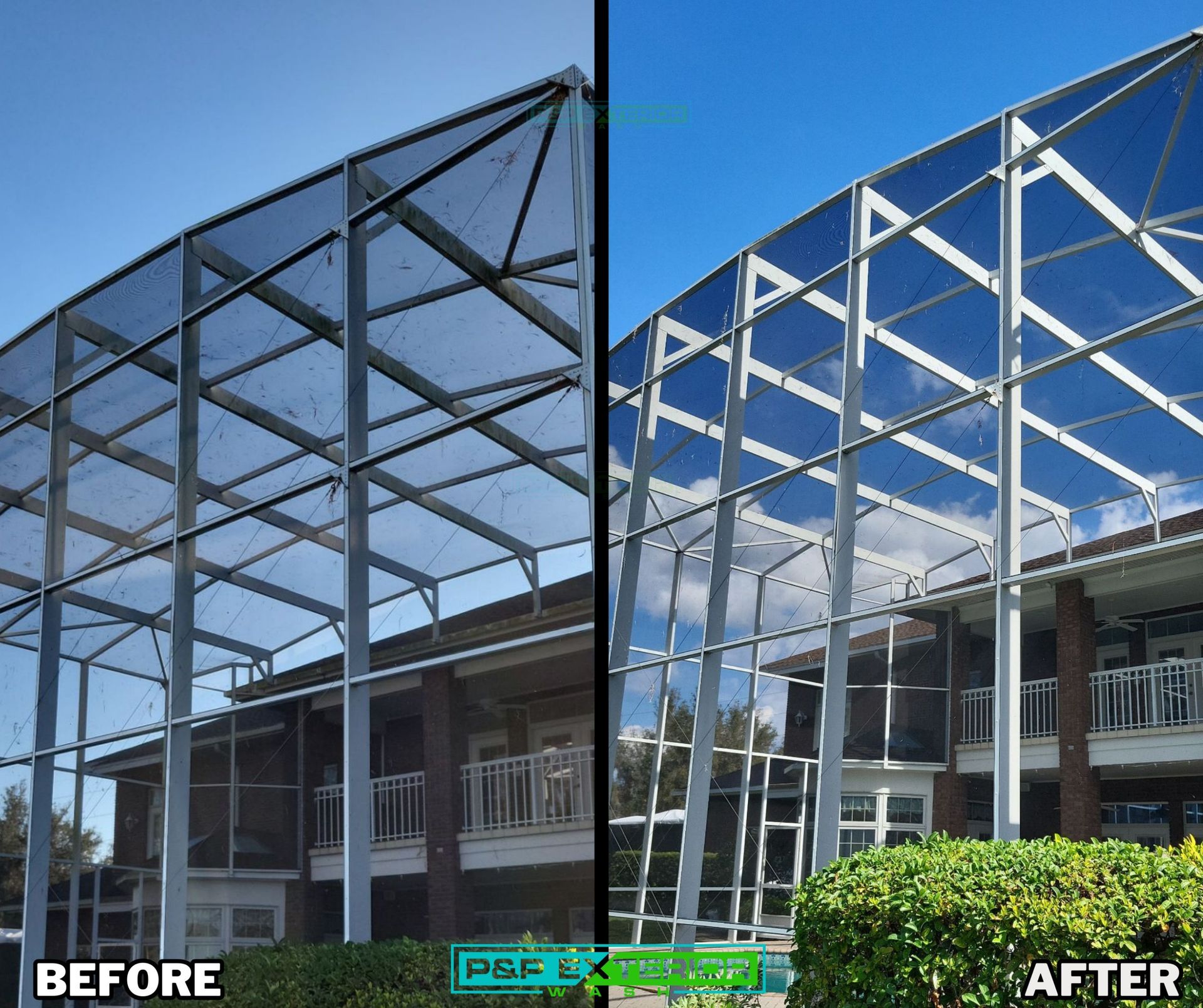 Split image of a patio frame before and after painting: dark metal on left, white on right.