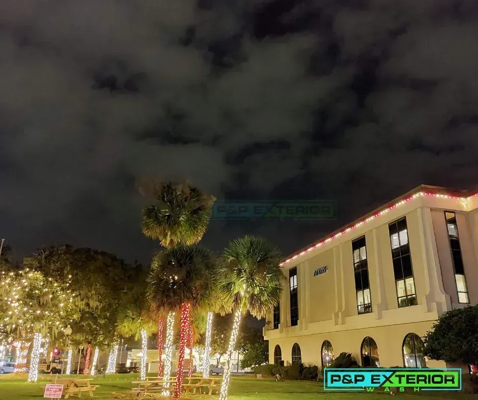 Nighttime outdoor view of a lit building and illuminated palm trees under a cloudy sky