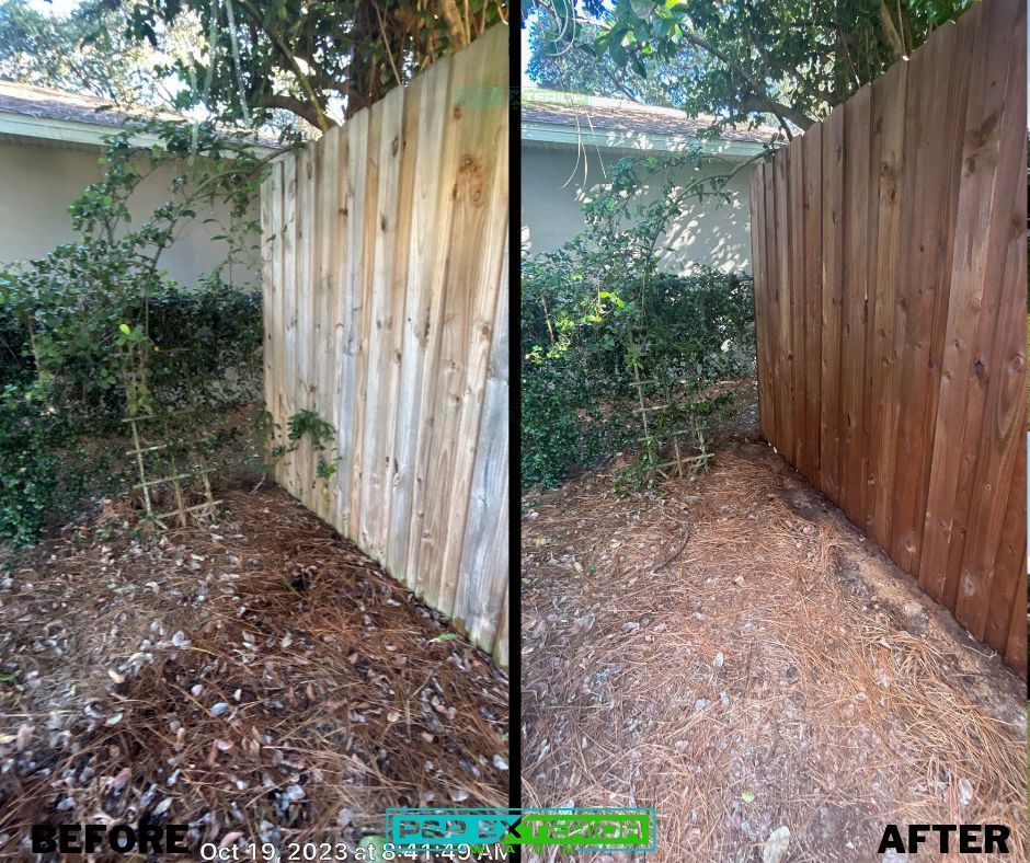 Backyard corner before-and-after: leaf-covered ground cleaned, with wooden fence and bushes.