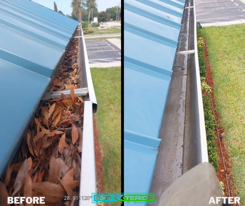Before-and-after of a blue roof gutter cleared of leaves and debris, showing clean drainage.