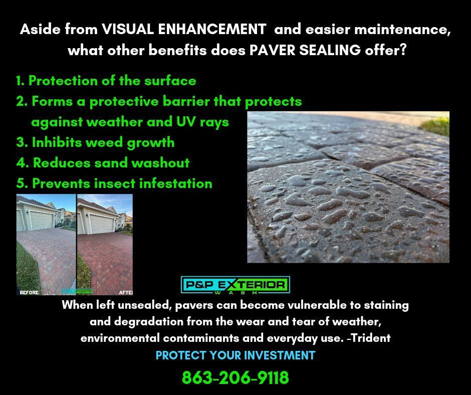 Promotional graphic for paver sealing, listing benefits beside a photo of wet stone pavers.