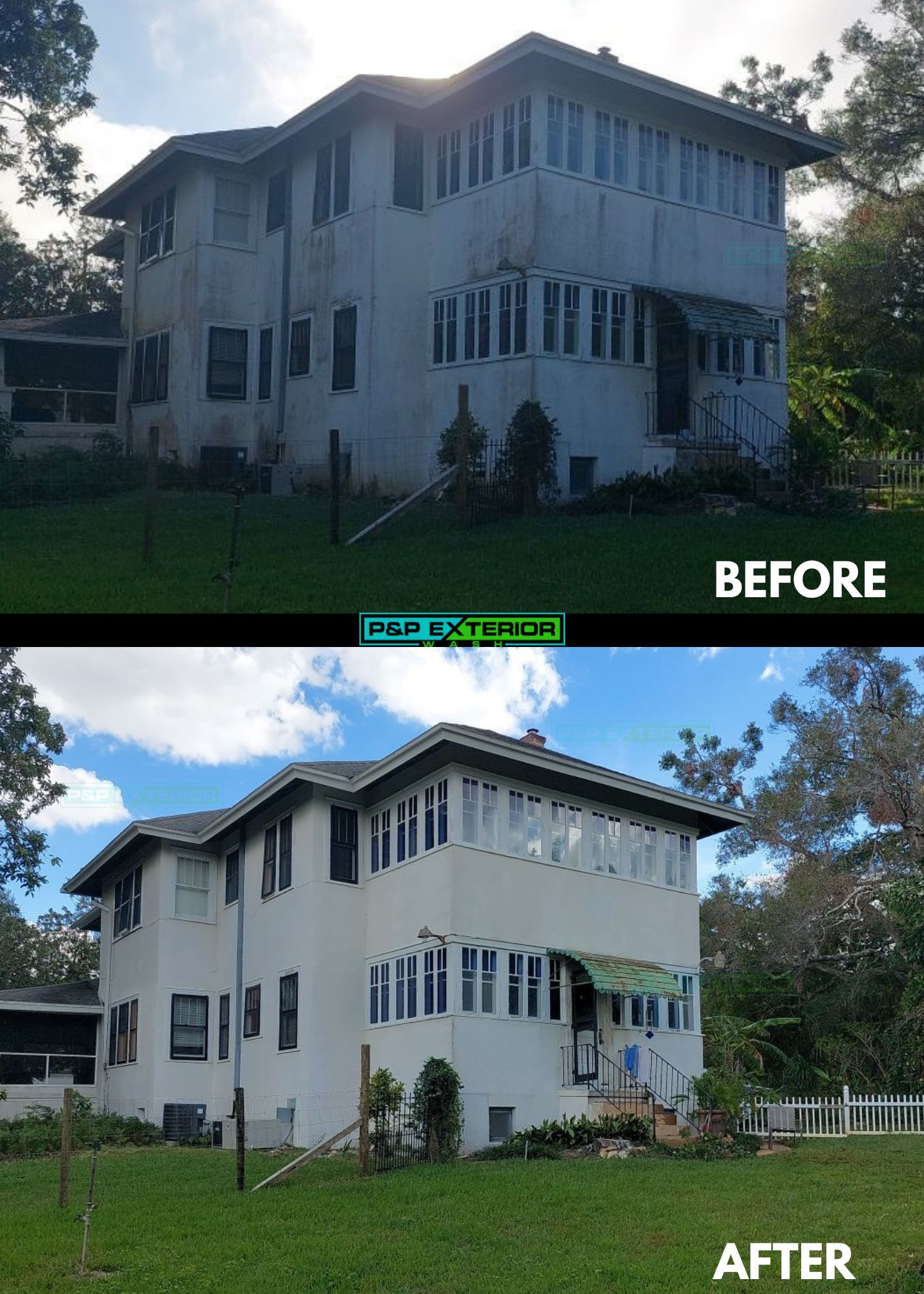 Before-and-after view of a white house exterior repainting, with the finished house brighter and cleaner.