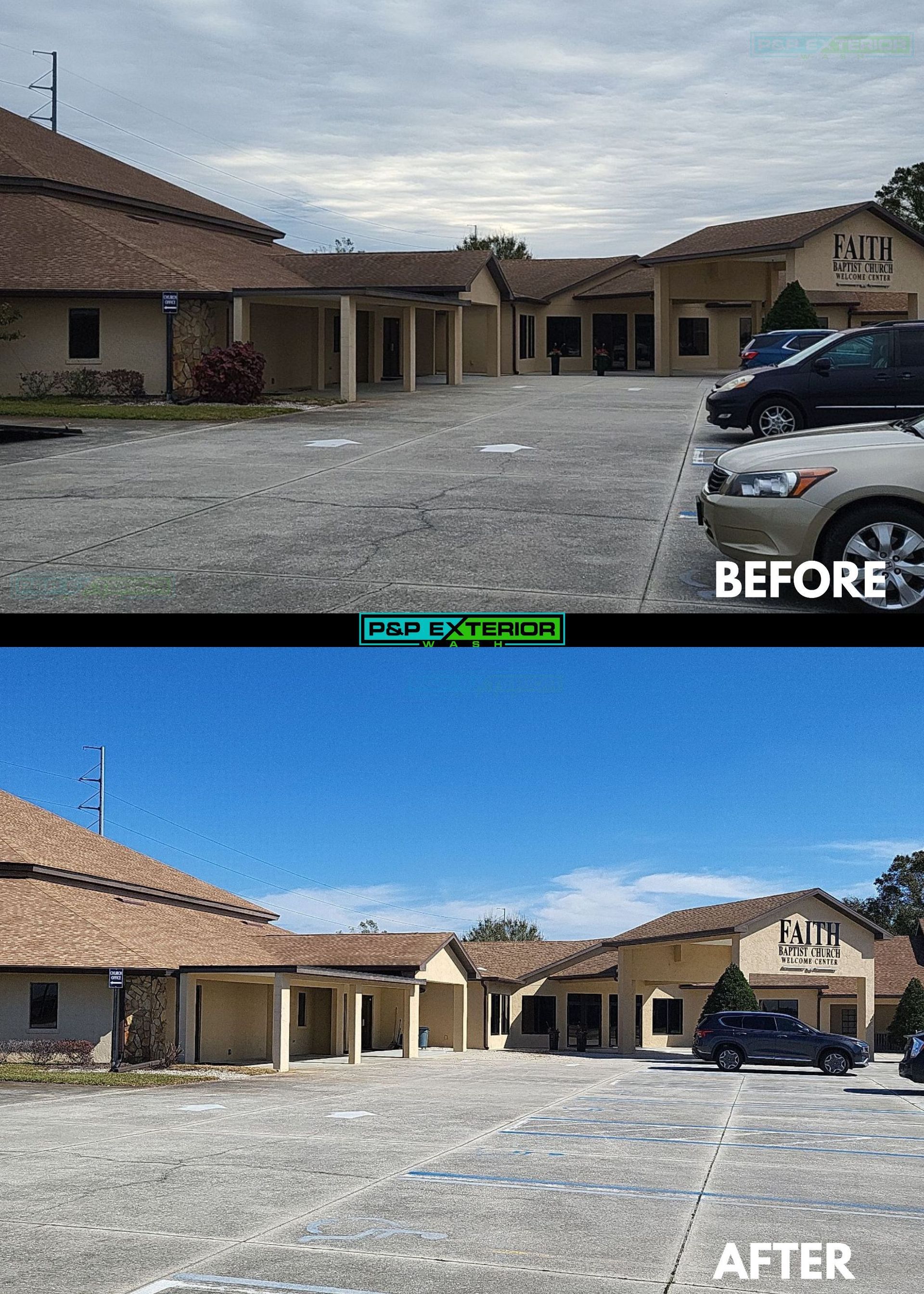Before-and-after view of a building exterior with a paved courtyard replaced by gravel.