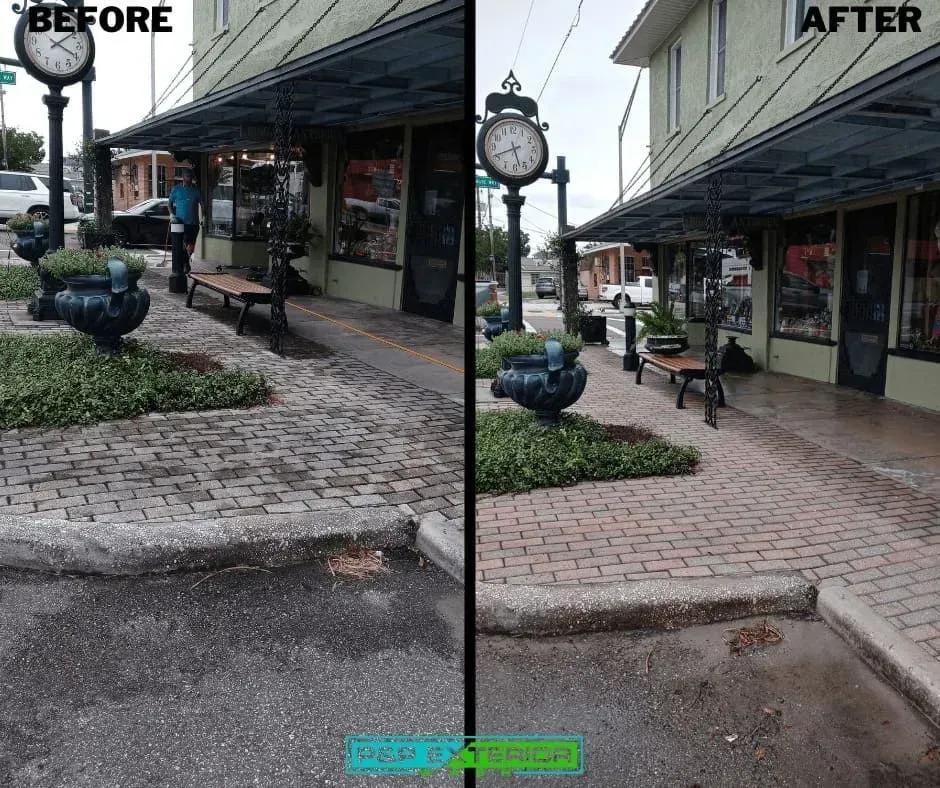 Before-and-after view of a storefront sidewalk repair with new brick paving and curb ramp.