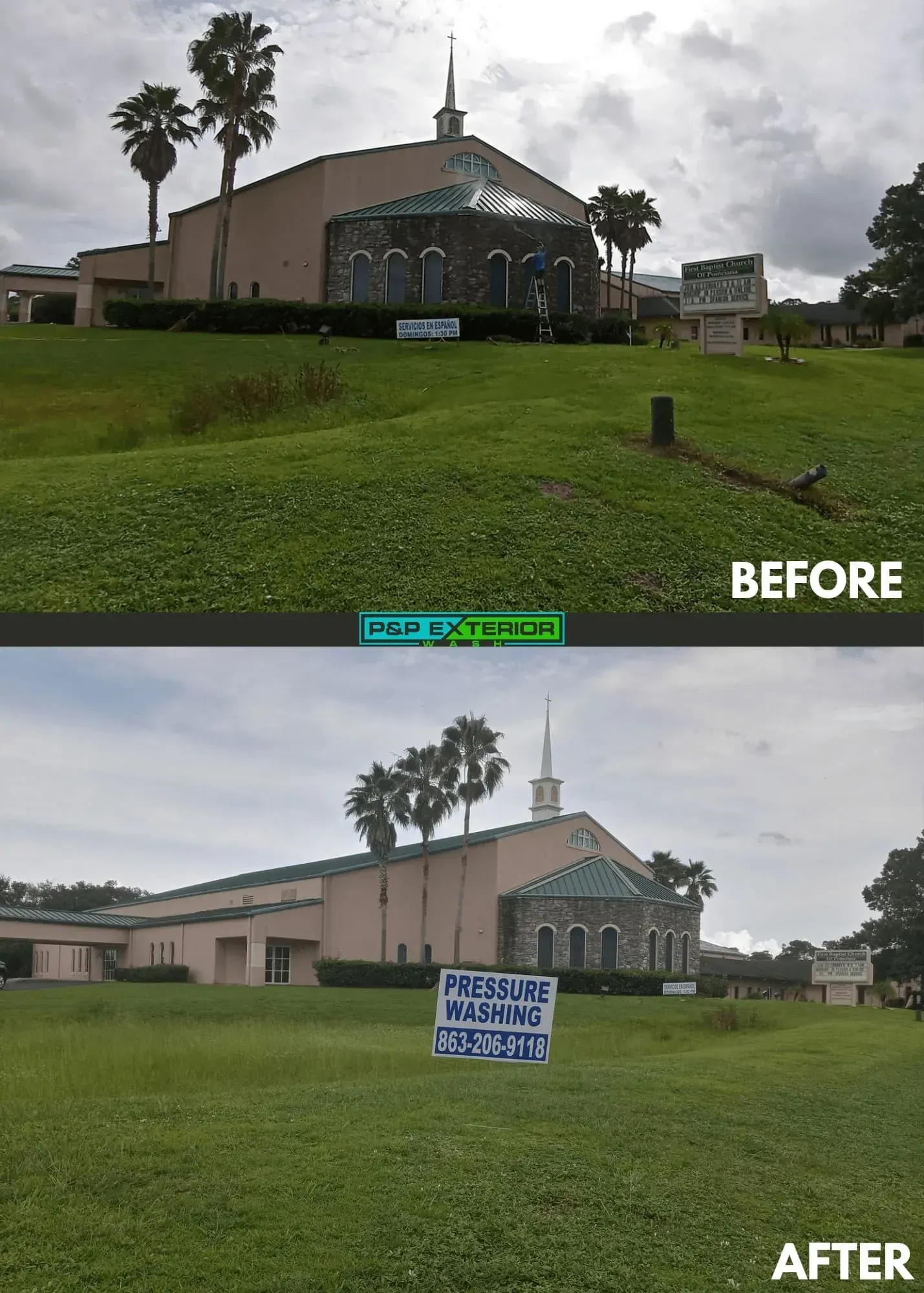 Before-and-after photos of a church lawn with a sign replaced by a larger blue sign in the foreground