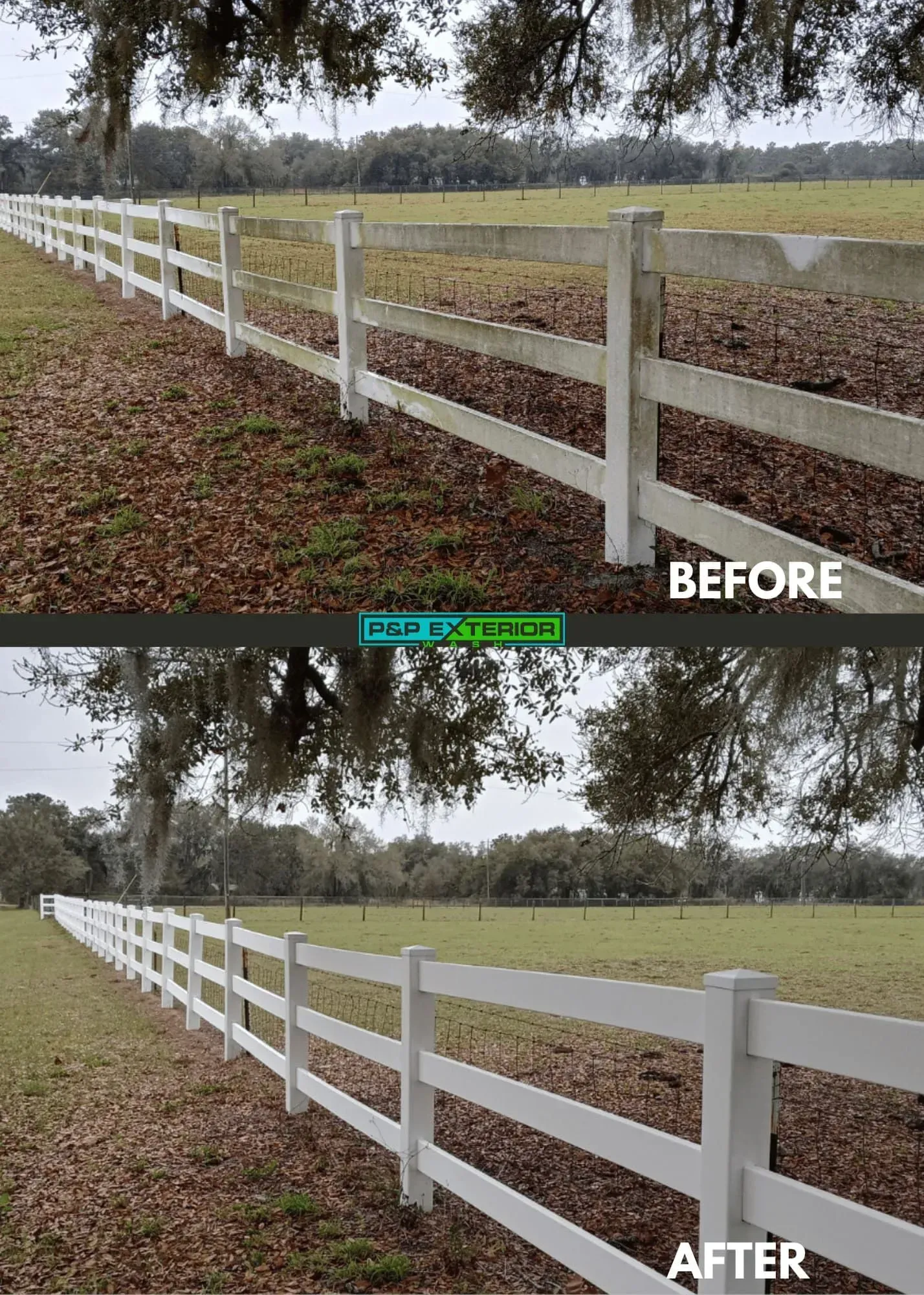 Before-and-after view of a white fence being painted along a grassy field under trees.