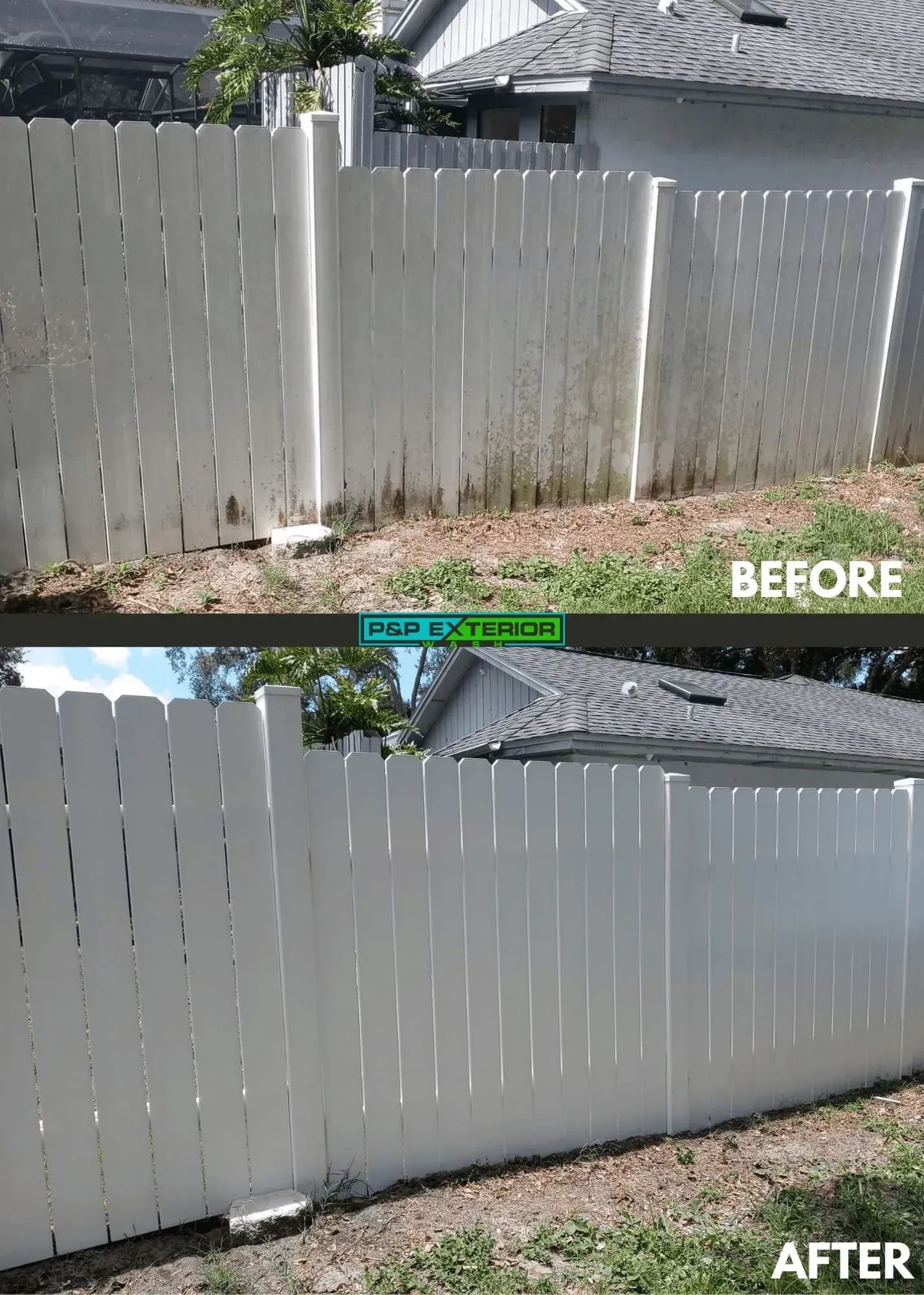 Fence before-and-after: weathered white wooden fence repaired and painted, with trimmed base and cleaner finish.