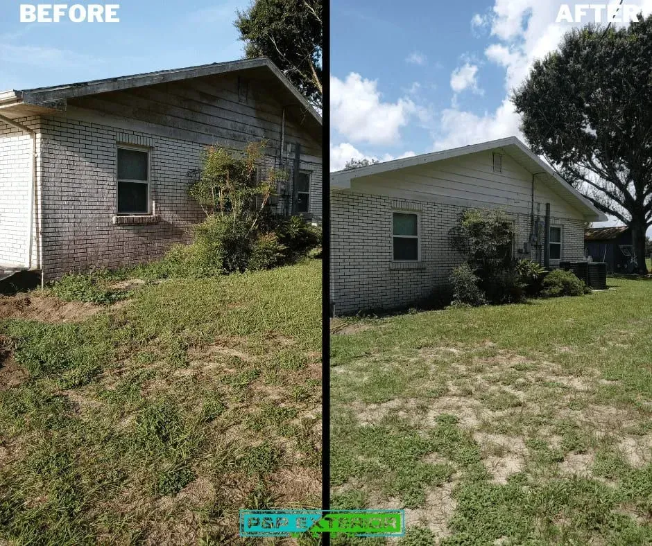Before-and-after view of a brick house and yard with trimmed grass and clearer sky in the after image