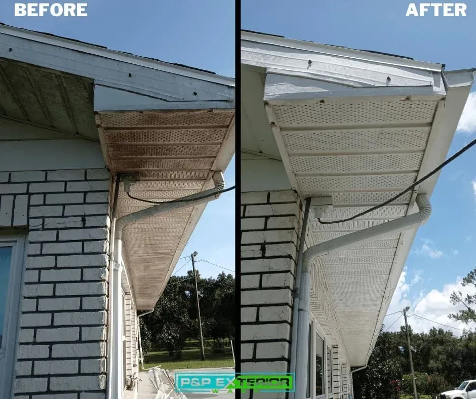 Before-and-after of a house eave repair, showing damaged brown soffit replaced with white siding under the roofline