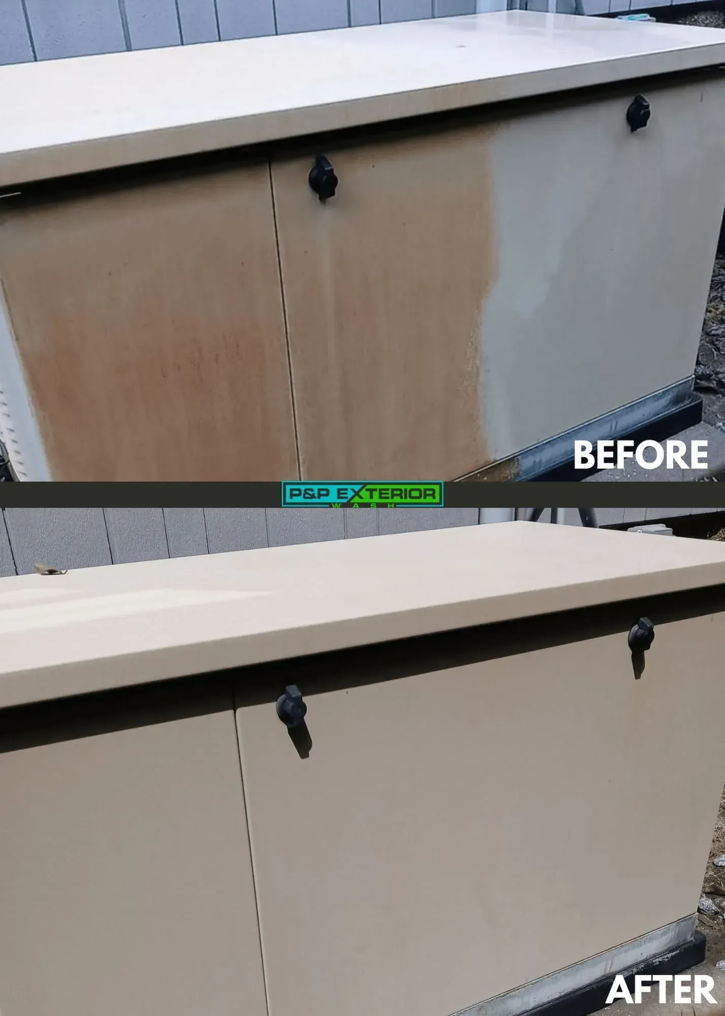 Before-and-after of cabinet doors: scratched wood changes to smooth beige panels.