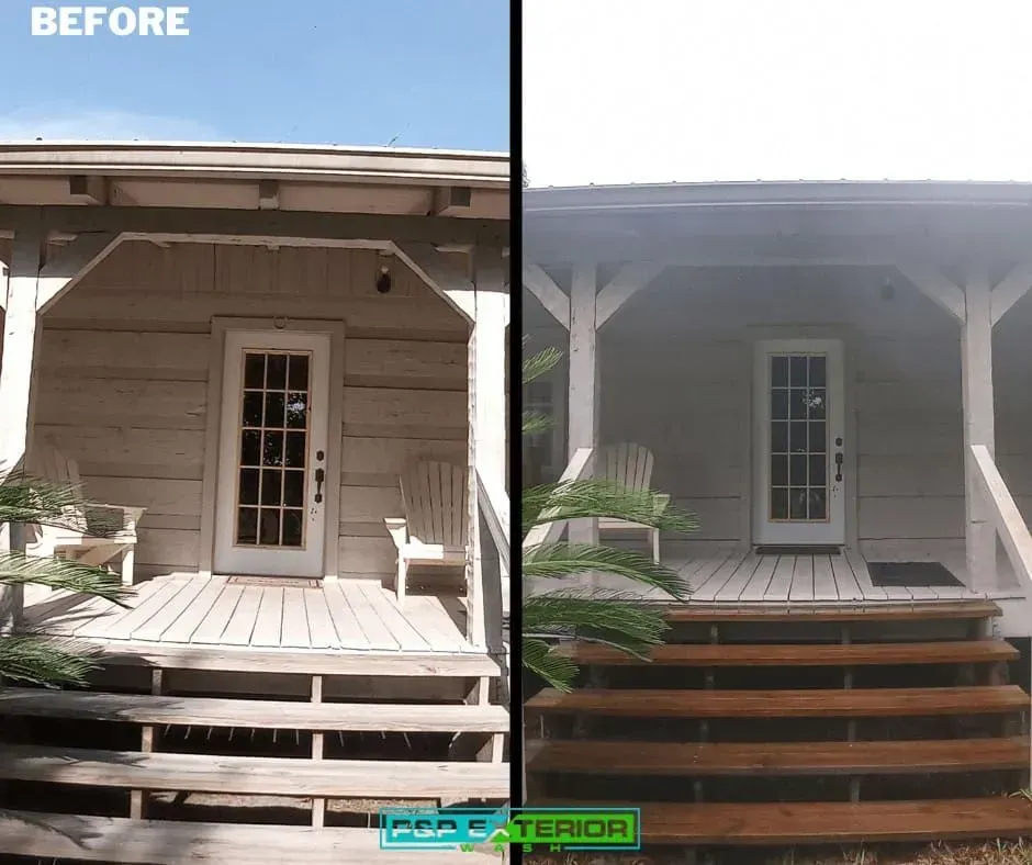 Before-and-after of a porch painted from beige to dark gray with brown steps and white trim.