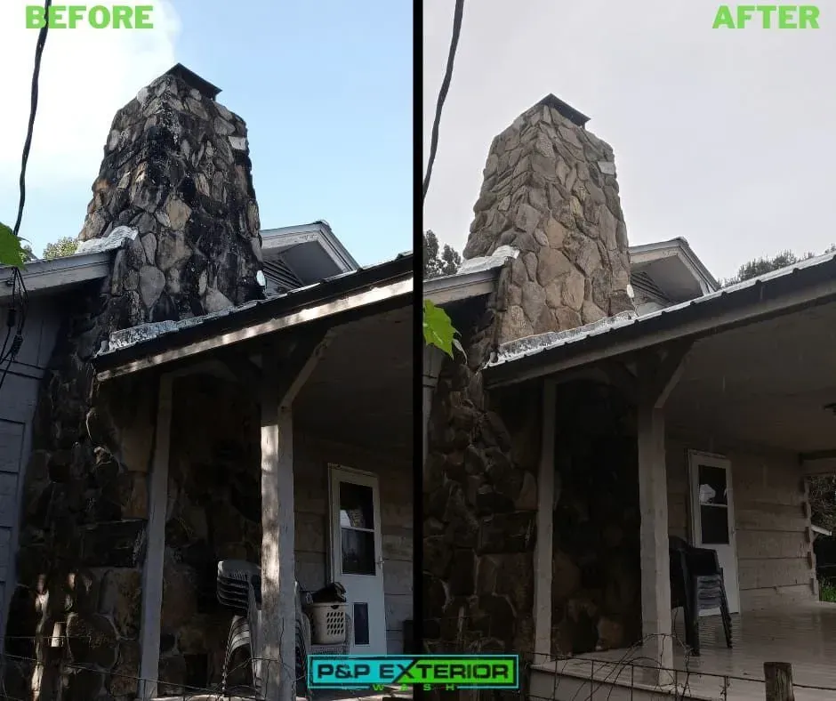 Before-and-after of a stone chimney and house exterior renovation, split view with 