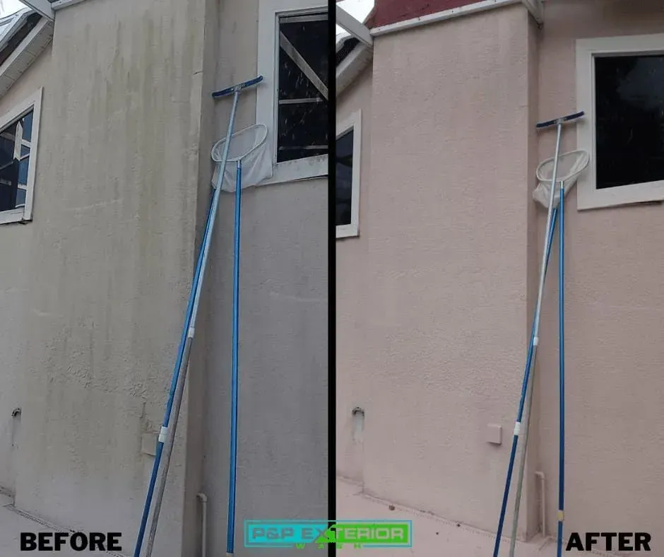 Before-and-after exterior wall repair showing a cracked wall patched and repainted around a window.