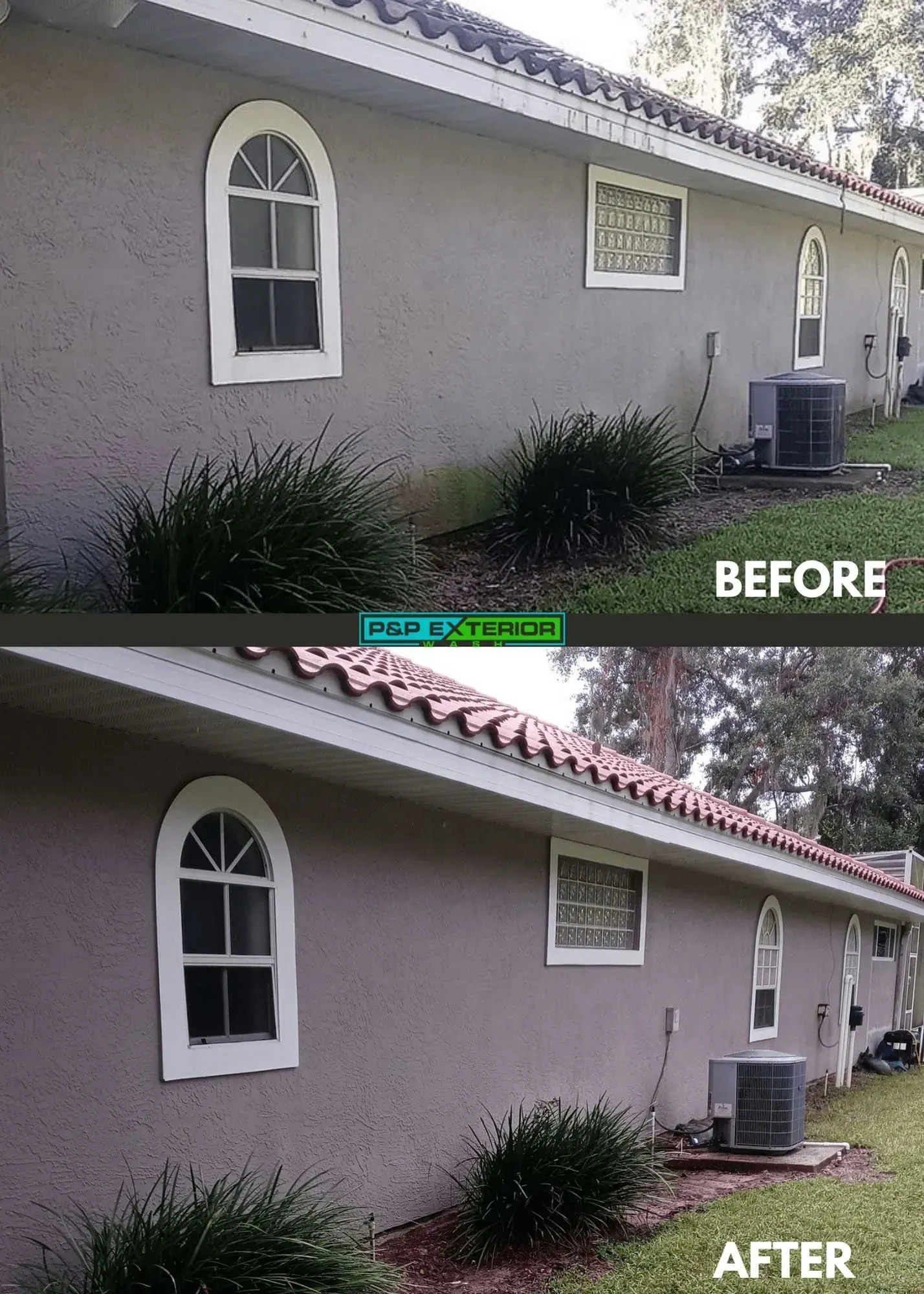 Before-and-after view of a house exterior with trimmed shrubs and cleaned stucco walls.